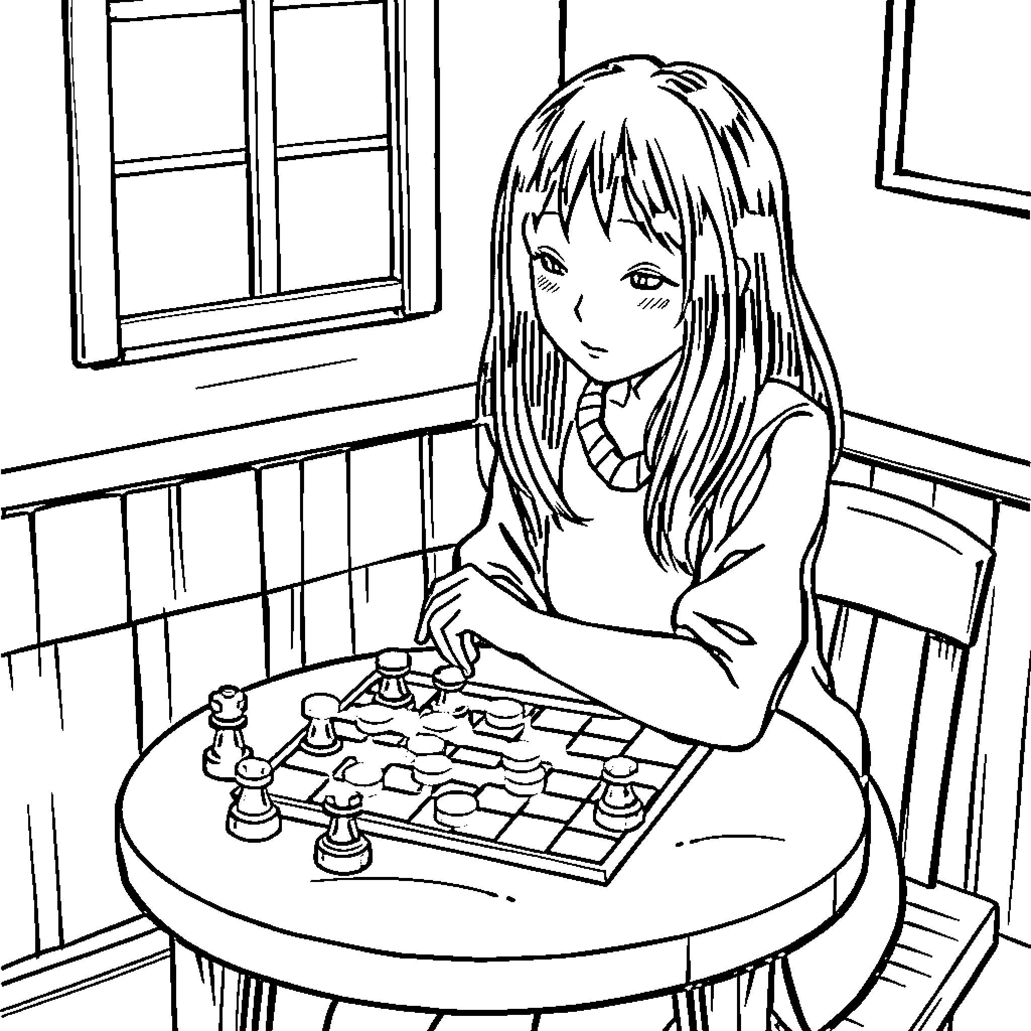 Momo Enjoys a Chess Game in Her Room Coloring Page (free black-and-white line drawing printable PDF for all, from beginners to advanced learners, including children, teens, adults, and seniors)