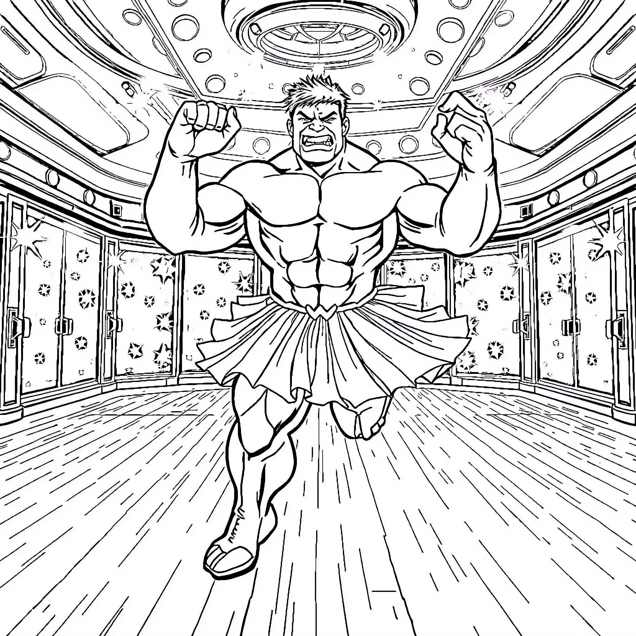 Hulk Bursting with Strength in Heroic Pose Coloring Page (free black-and-white line drawing printable PDF for all, from beginners to advanced learners, including children, teens, adults, and seniors)