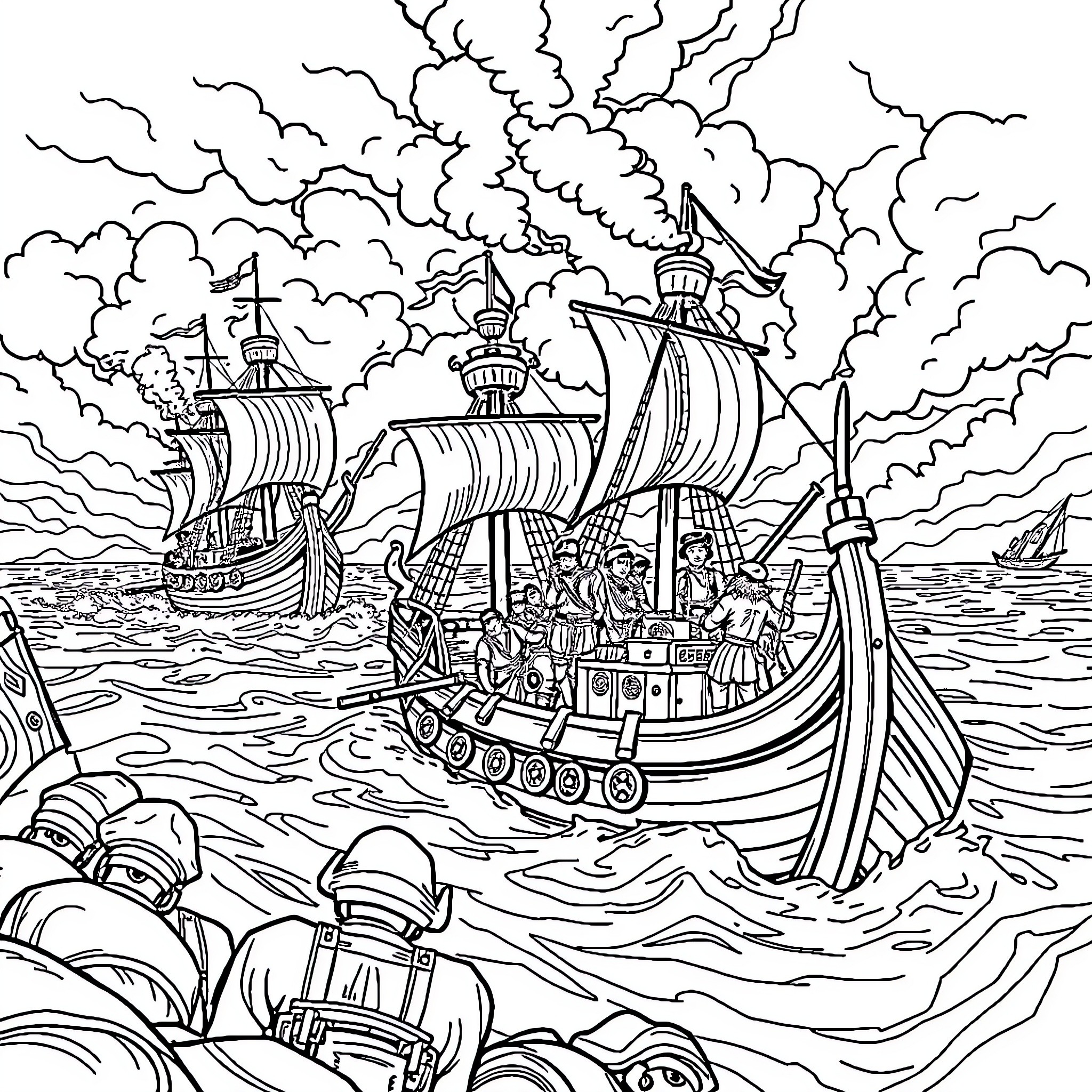 Navy Vessels Navigating Treacherous Seas Coloring Page (free black-and-white line drawing printable PDF for all, from beginners to advanced learners, including children, teens, adults, and seniors)