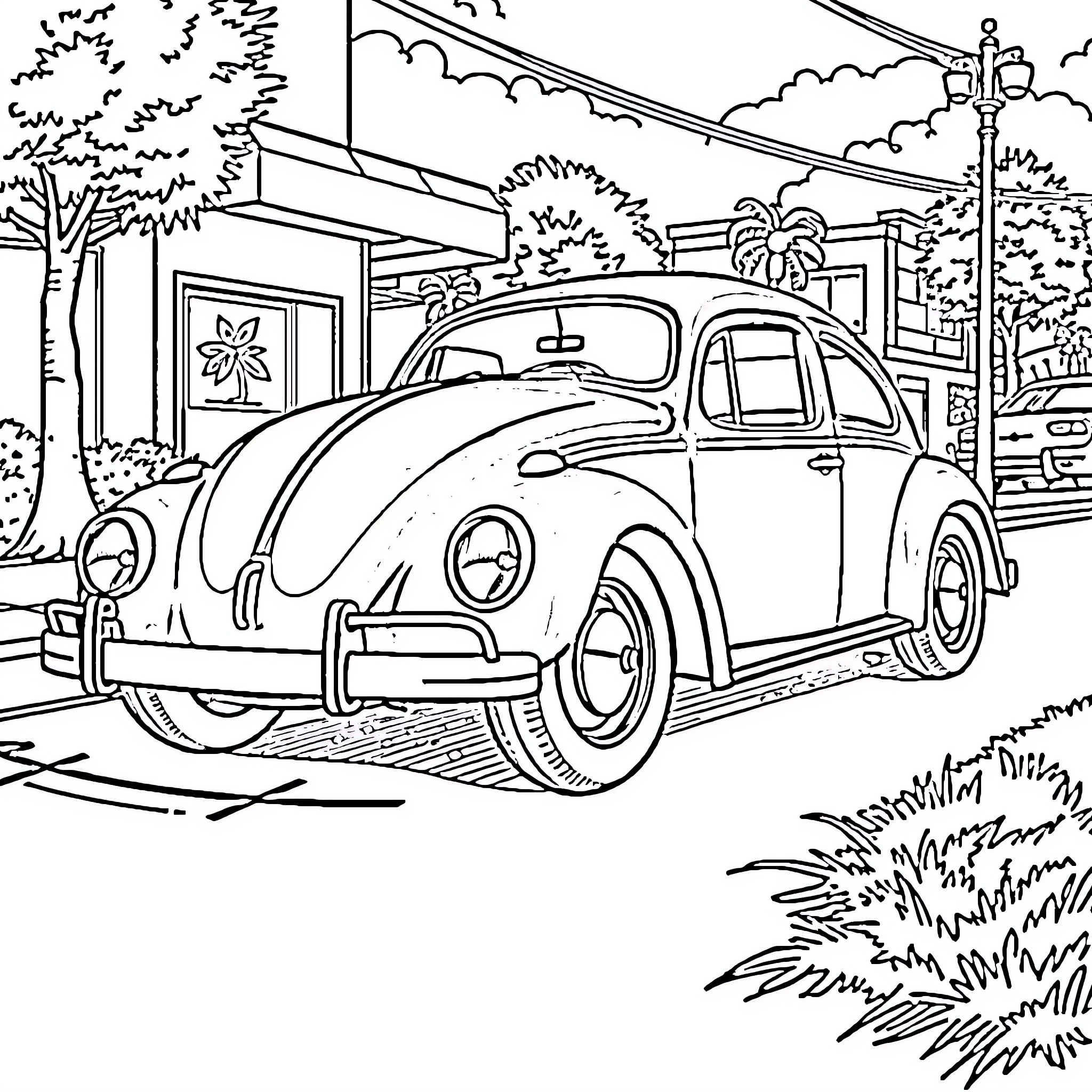 VW Beetle parked in front of a cozy neighborhood Coloring Page (free black-and-white line drawing printable PDF for all, from beginners to advanced learners, including children, teens, adults, and seniors)