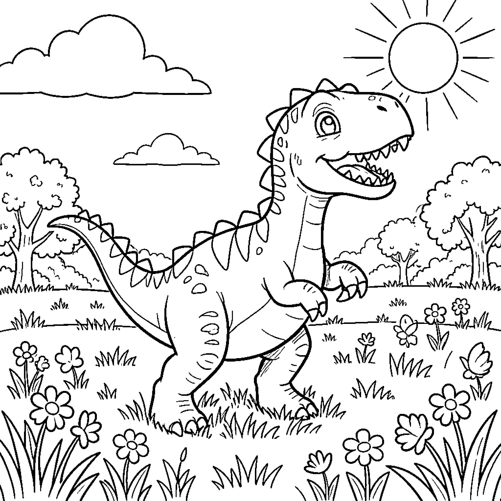 Dinosaur smiling happily in a sunny meadow Coloring Page (free black-and-white line drawing printable PDF for all, from beginners to advanced learners, including children, teens, adults, and seniors)