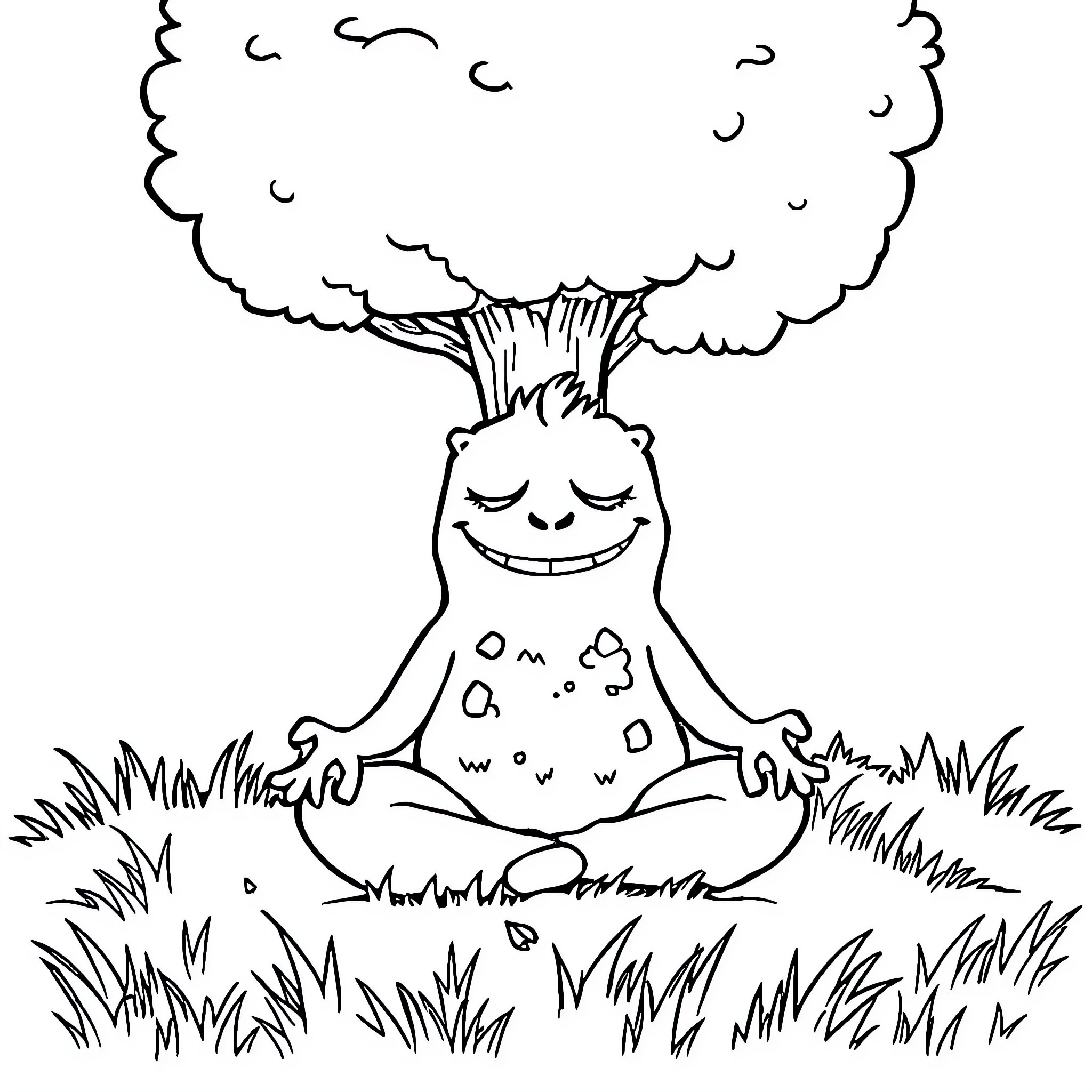 Monster meditating peacefully in nature Coloring Page (free black-and-white line drawing printable PDF for all, from beginners to advanced learners, including children, teens, adults, and seniors)