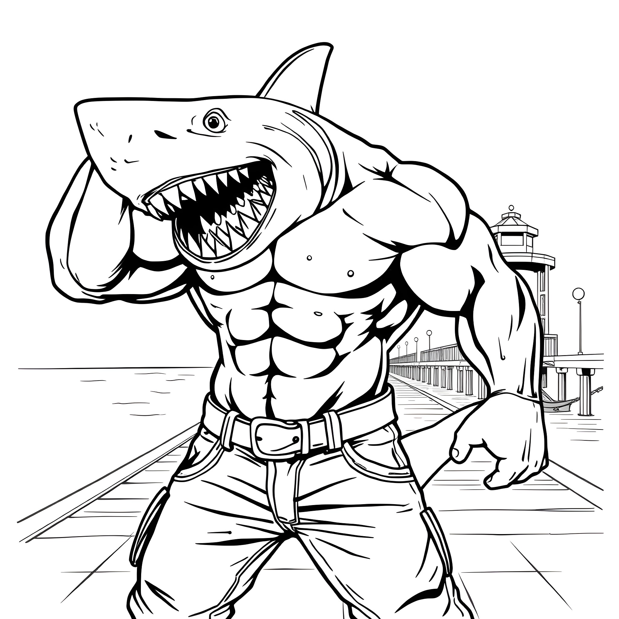 Shark fighter striking a fierce pose Coloring Page (free black-and-white line drawing printable PDF for all, from beginners to advanced learners, including children, teens, adults, and seniors)