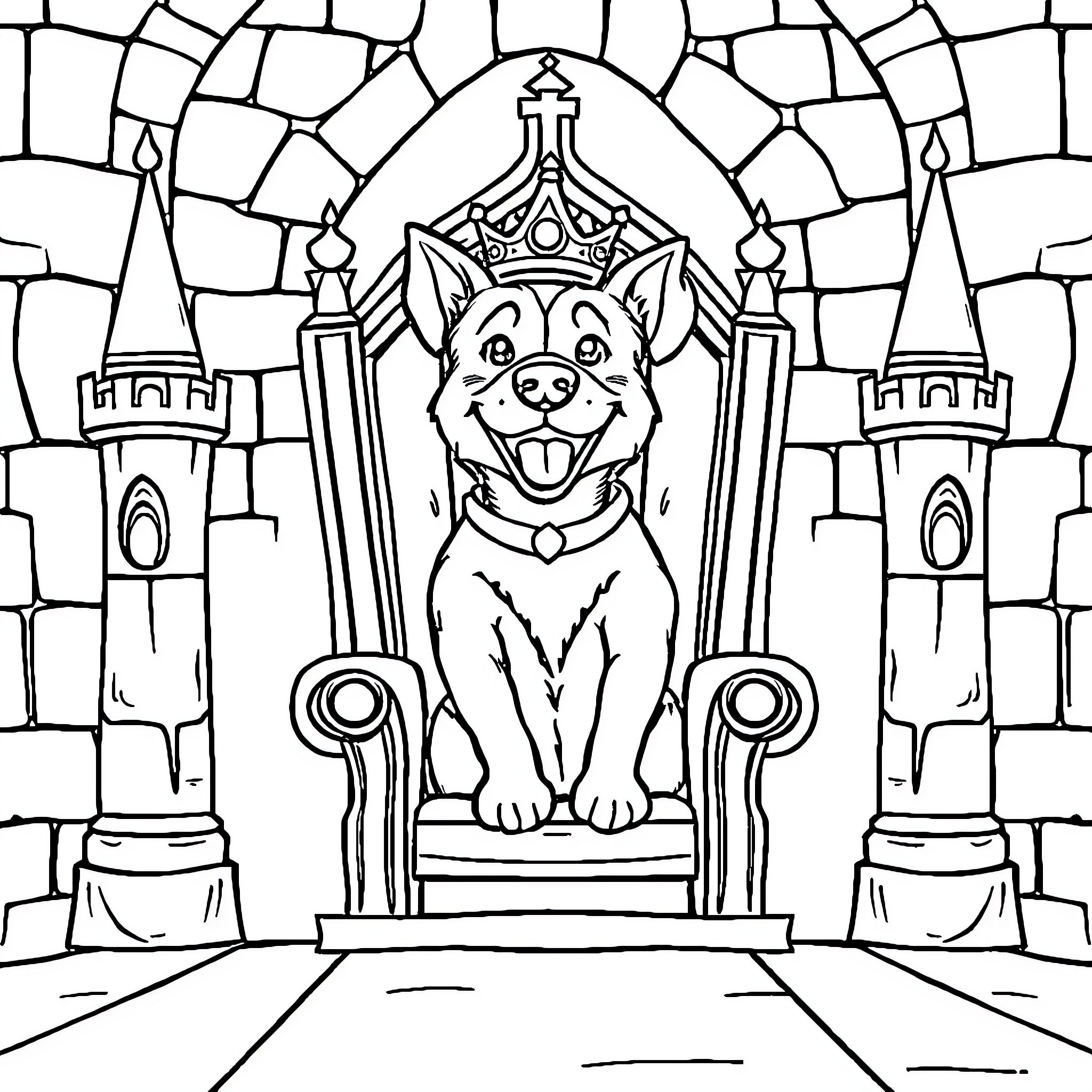 Dog on a Throne in a Stained Glass Castle Coloring Page (free black-and-white line drawing printable PDF for all, from beginners to advanced learners, including children, teens, adults, and seniors)