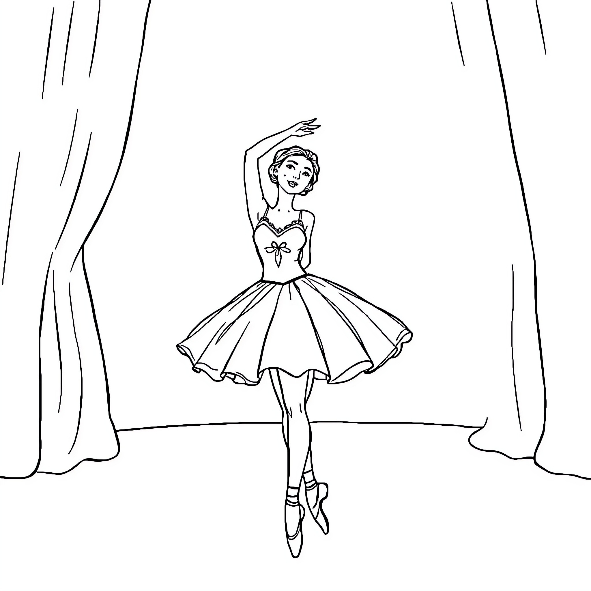 Ballet Dancer Performing on Stage Coloring Page (free black-and-white line drawing printable PDF for all, from beginners to advanced learners, including children, teens, adults, and seniors)