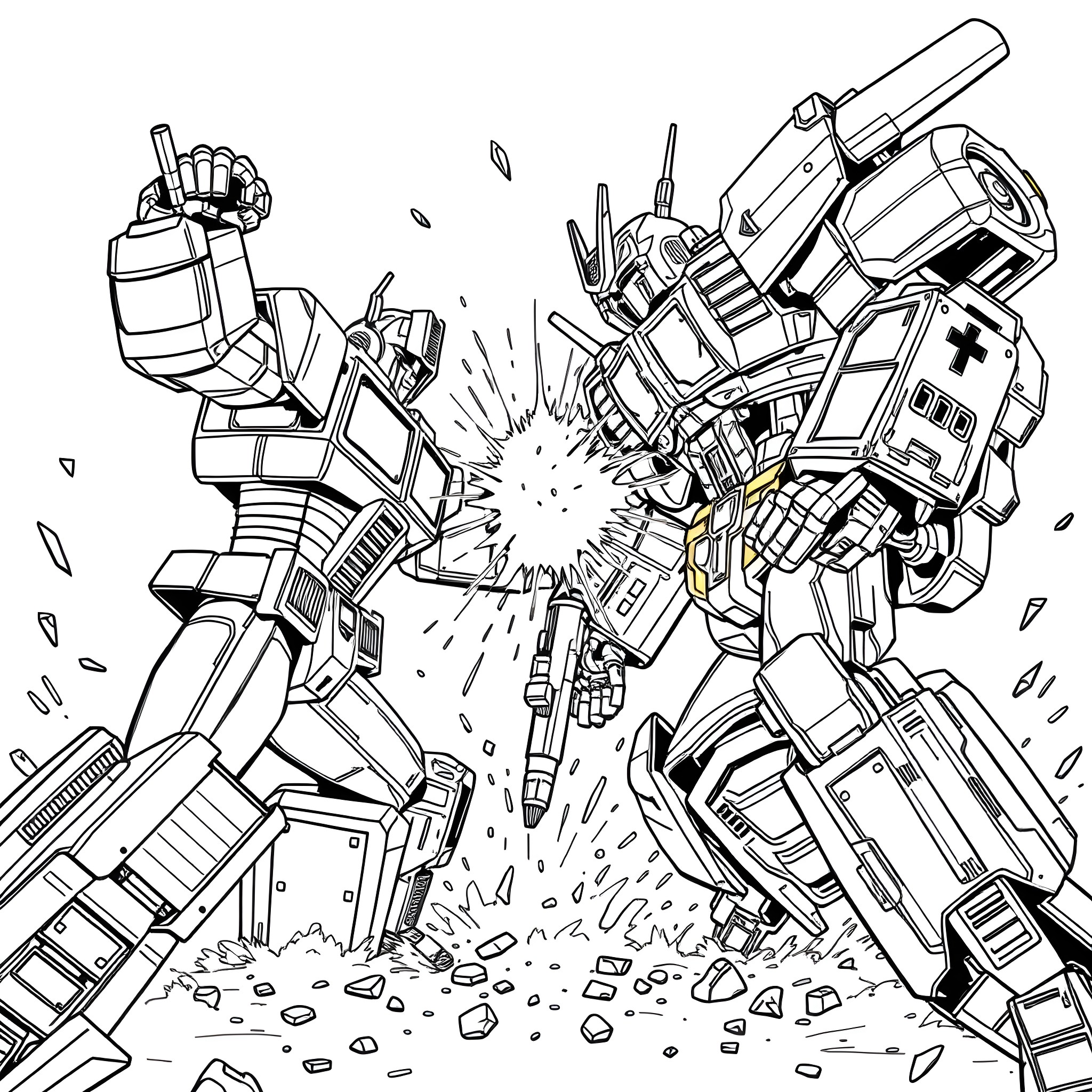Optimus Prime in Heroic Action Pose Coloring Page (free black-and-white line drawing printable PDF for all, from beginners to advanced learners, including children, teens, adults, and seniors)