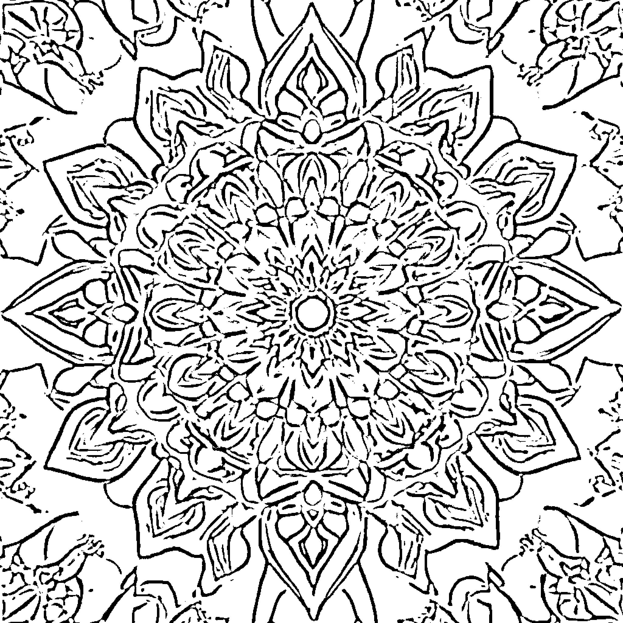 Mandala of intricate floral patterns Coloring Page (free black-and-white line drawing printable PDF for all, from beginners to advanced learners, including children, teens, adults, and seniors)