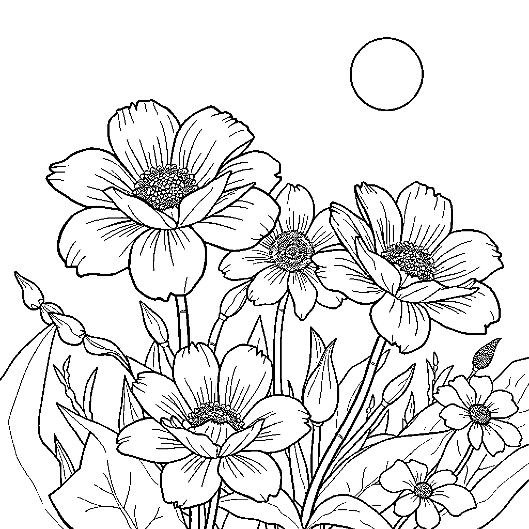 Flower garden with blooming floral arrangements Coloring Page (free black-and-white line drawing printable PDF for all, from beginners to advanced learners, including children, teens, adults, and seniors)