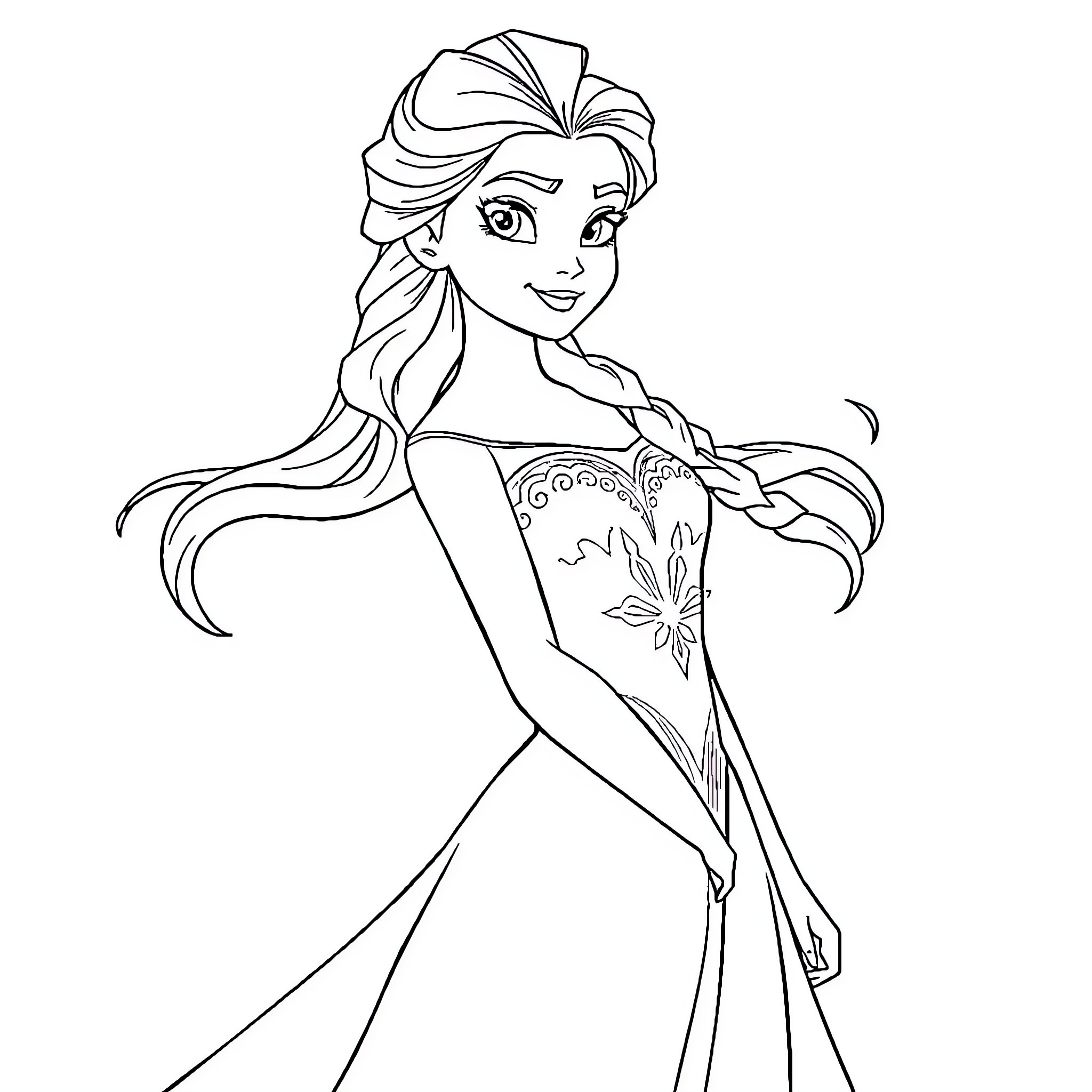 Elsa posing gracefully in her icy dress Coloring Page (free black-and-white line drawing printable PDF for all, from beginners to advanced learners, including children, teens, adults, and seniors)