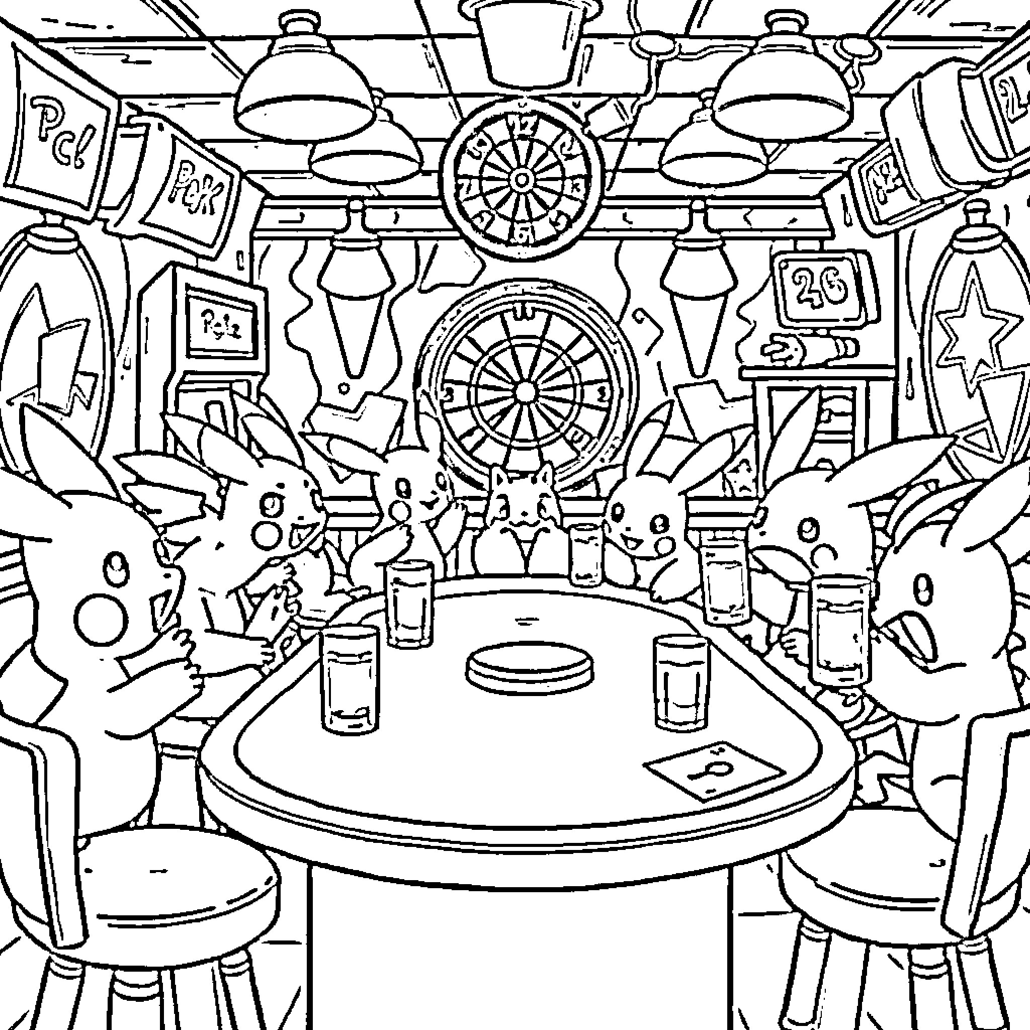 Pokémon Game Room with Lively Atmosphere Coloring Page (free black-and-white line drawing printable PDF for all, from beginners to advanced learners, including children, teens, adults, and seniors)