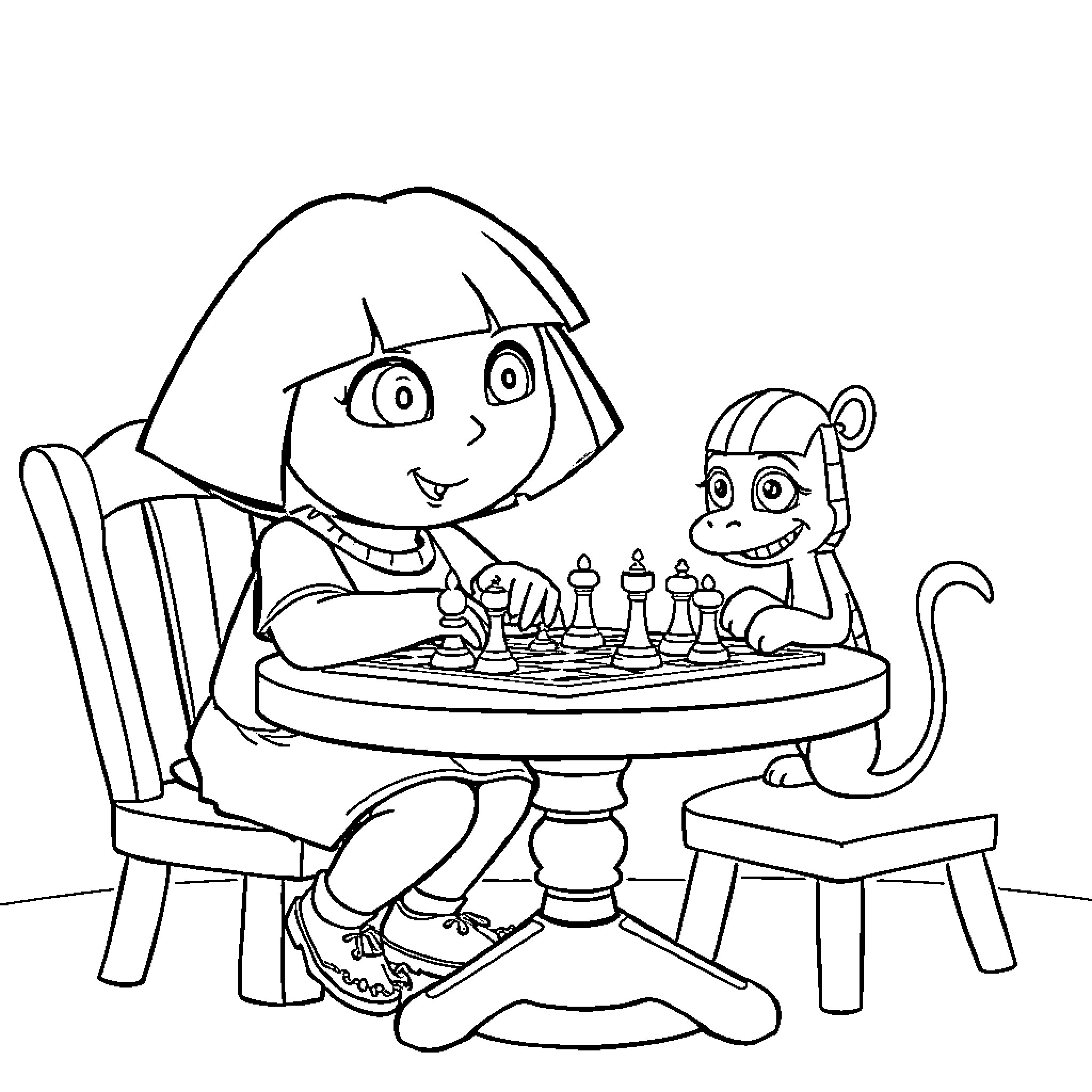 Dora and Boots playing chess together Coloring Page (free black-and-white line drawing printable PDF for all, from beginners to advanced learners, including children, teens, adults, and seniors)