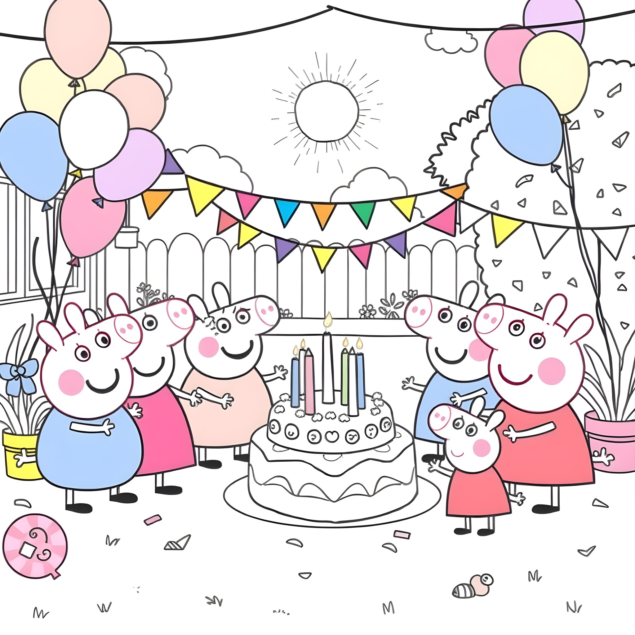 Peppa Pig's Birthday Party with Decorations and Cake Coloring Page (free black-and-white line drawing printable PDF for all, from beginners to advanced learners, including children, teens, adults, and seniors)