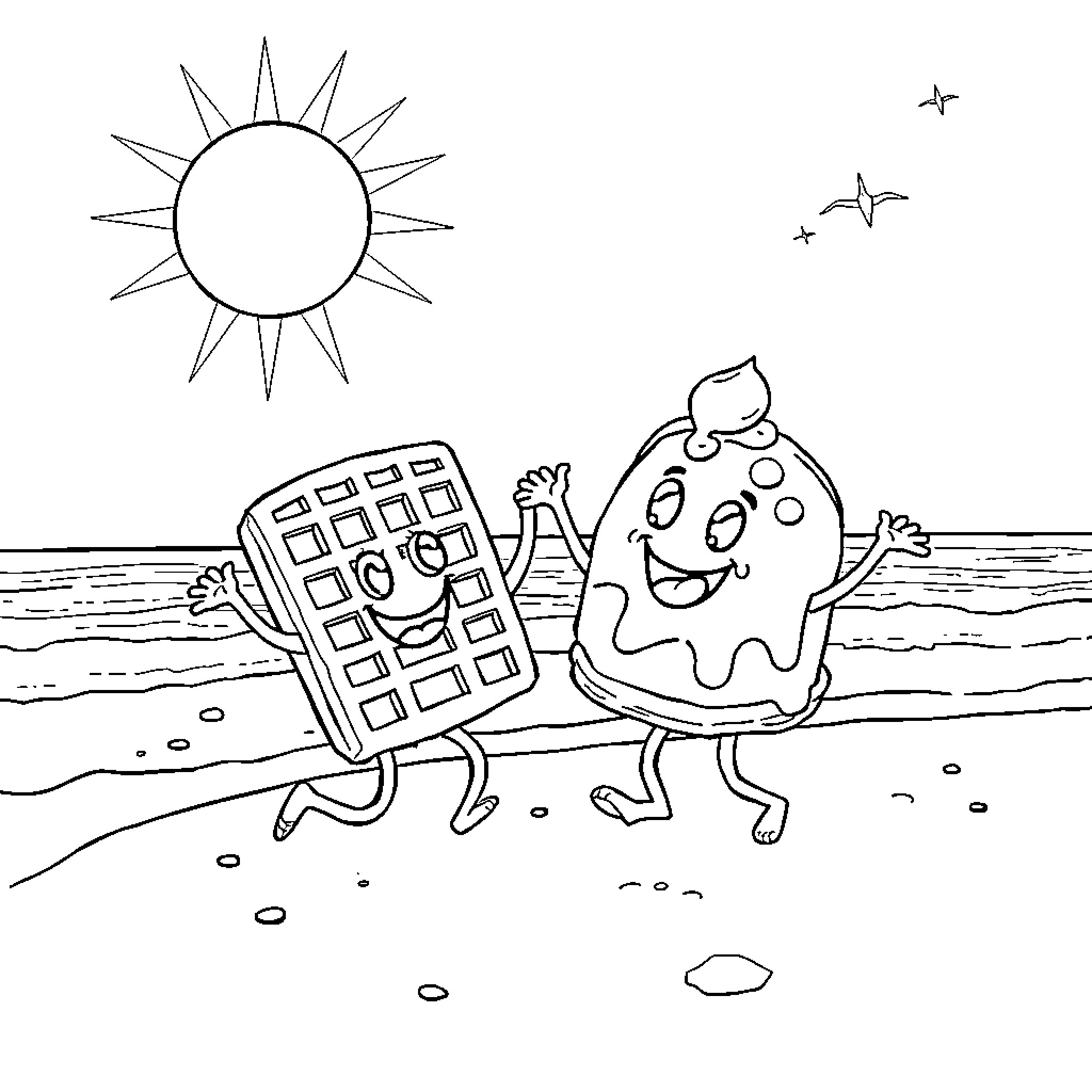 Waffle character happily playing on the beach Coloring Page (free black-and-white line drawing printable PDF for all, from beginners to advanced learners, including children, teens, adults, and seniors)