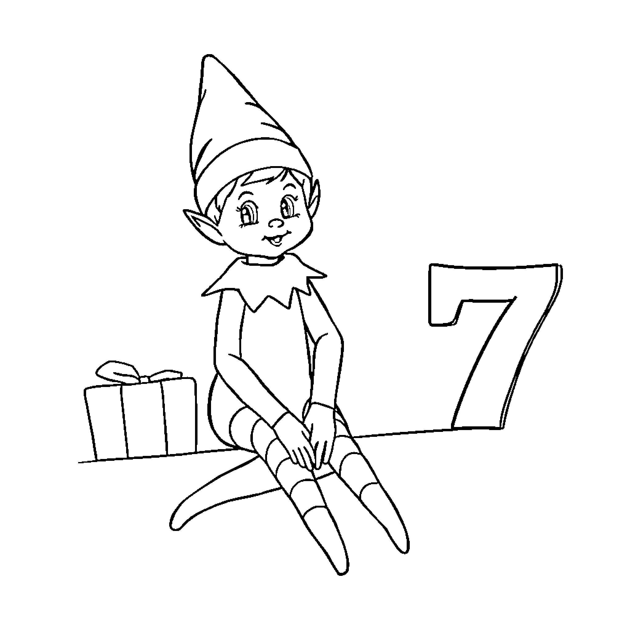 Elf counting down to Christmas with gifts Coloring Page (free black-and-white line drawing printable PDF for all, from beginners to advanced learners, including children, teens, adults, and seniors)