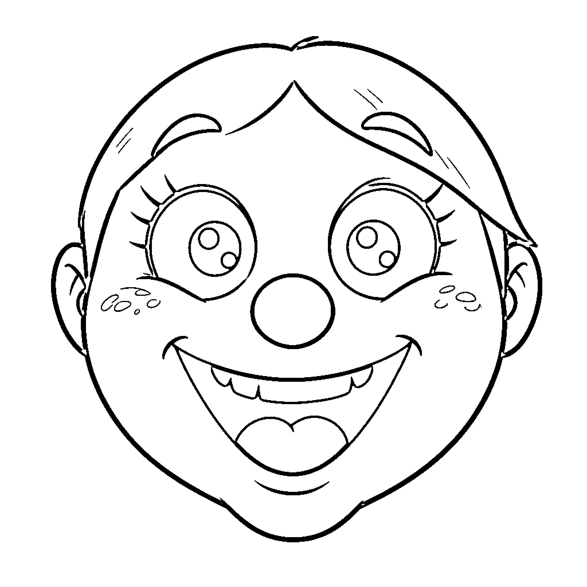 Face of a happy clown laughing joyfully Coloring Page (free black-and-white line drawing printable PDF for all, from beginners to advanced learners, including children, teens, adults, and seniors)