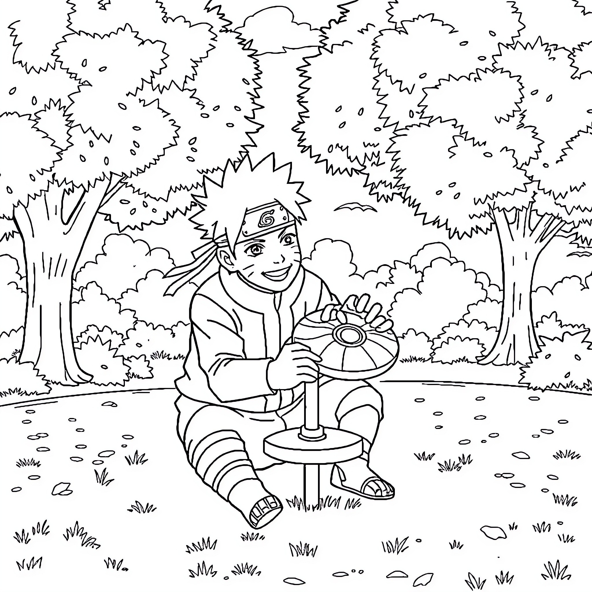 Naruto exploring the forest with his ninja tools Coloring Page (free black-and-white line drawing printable PDF for all, from beginners to advanced learners, including children, teens, adults, and seniors)