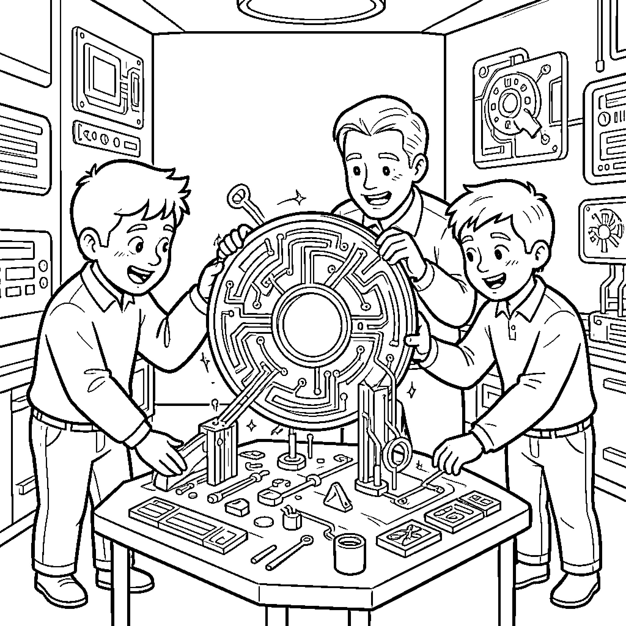 Disc being assembled by people in a lab Coloring Page (free black-and-white line drawing printable PDF for all, from beginners to advanced learners, including children, teens, adults, and seniors)