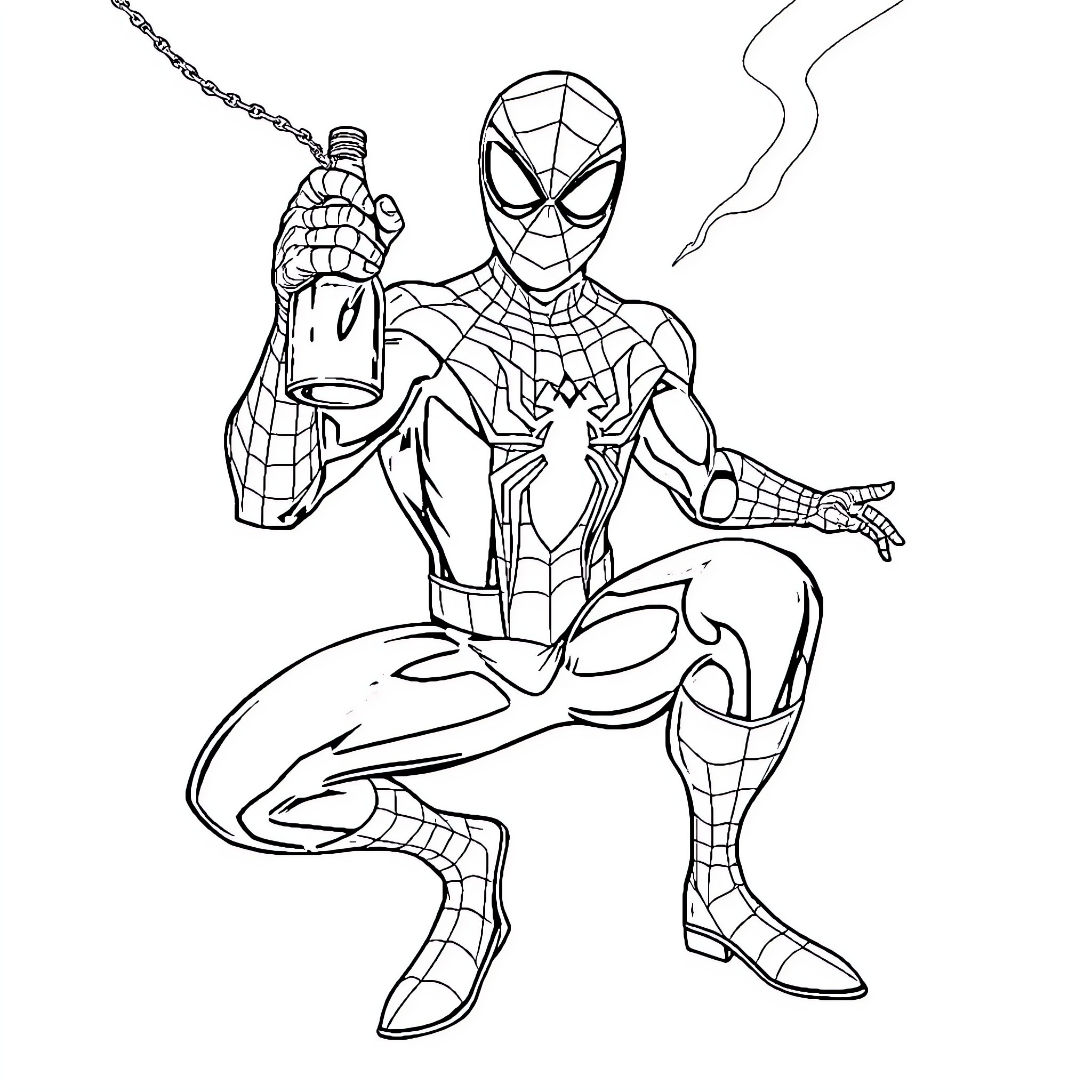 Spider-Man swinging with web-shooters and smoke Coloring Page (free black-and-white line drawing printable PDF for all, from beginners to advanced learners, including children, teens, adults, and seniors)