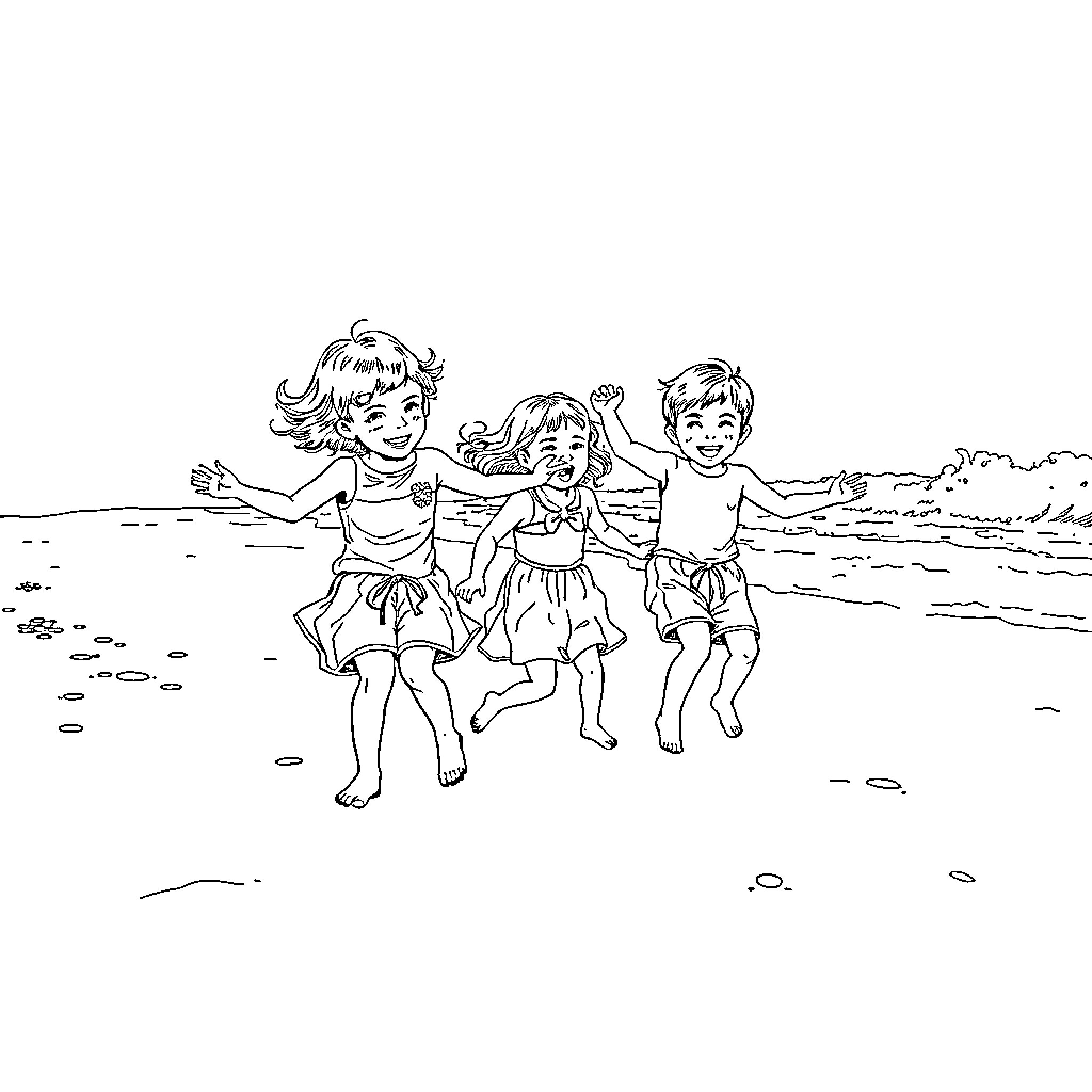 Kid friends playing joyfully on the beach Coloring Page (free black-and-white line drawing printable PDF for all, from beginners to advanced learners, including children, teens, adults, and seniors)