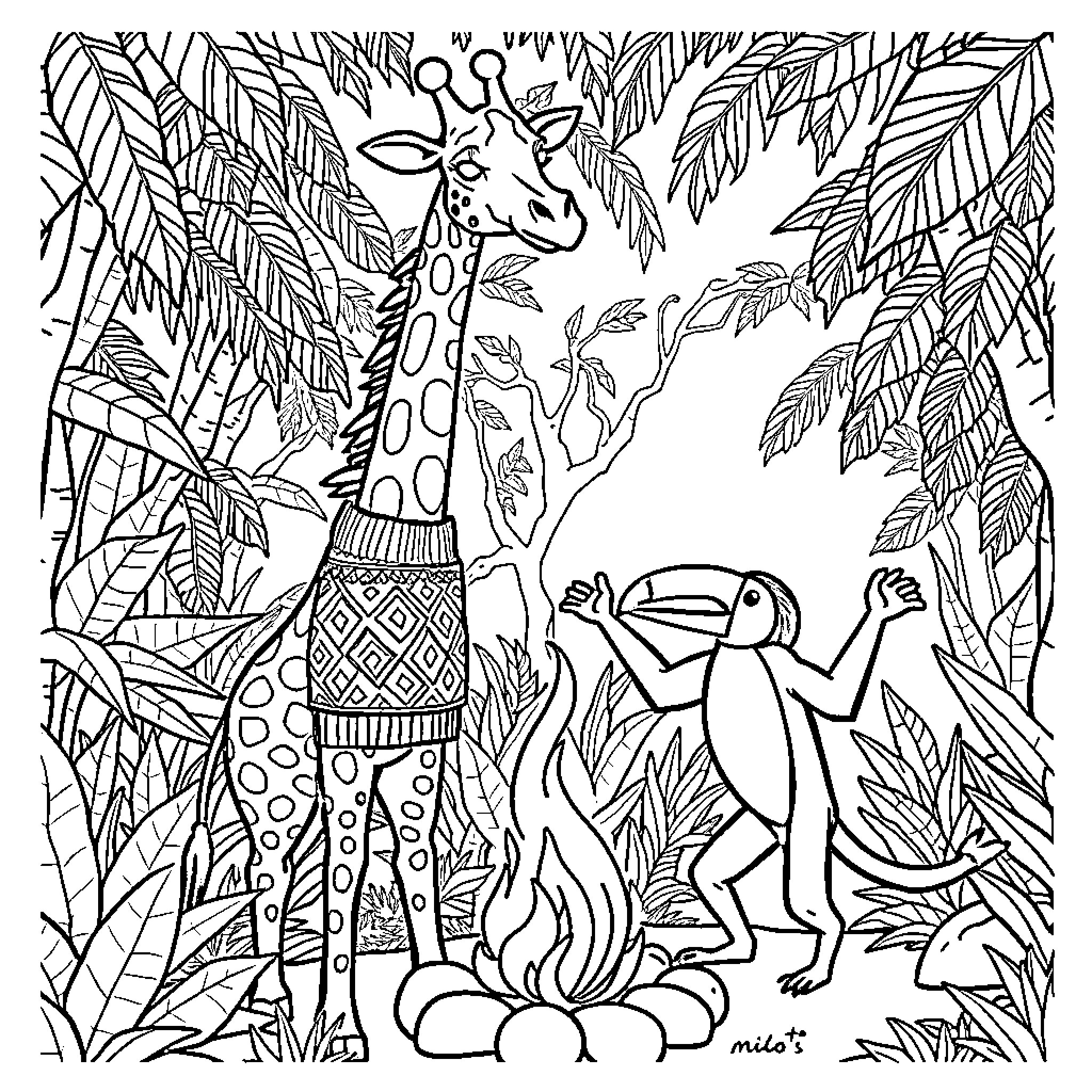 Giraffe and Toucan in Tropical Jungle Coloring Page (free black-and-white line drawing printable PDF for all, from beginners to advanced learners, including children, teens, adults, and seniors)