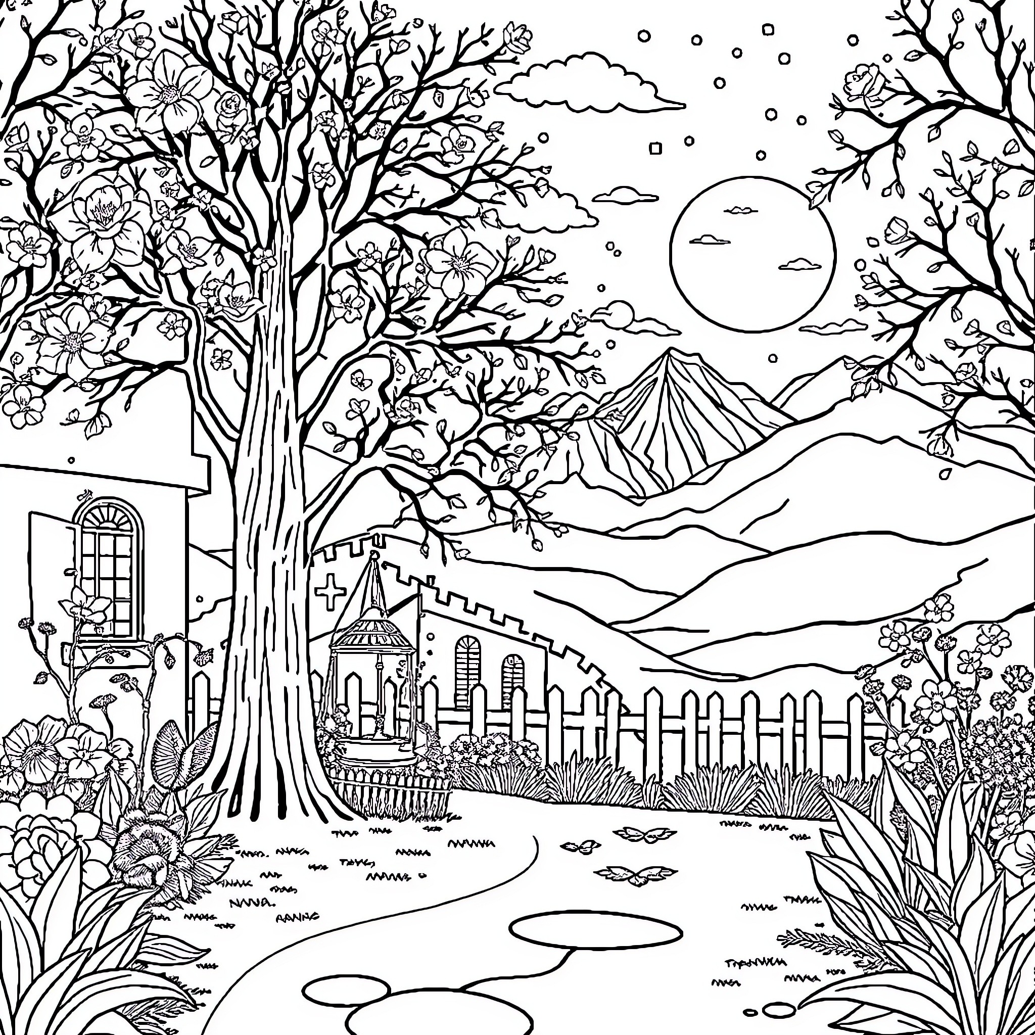 Aesthetic Enchanting Landscape with Detailed Scenery Coloring Page (free black-and-white line drawing printable PDF for all, from beginners to advanced learners, including children, teens, adults, and seniors)