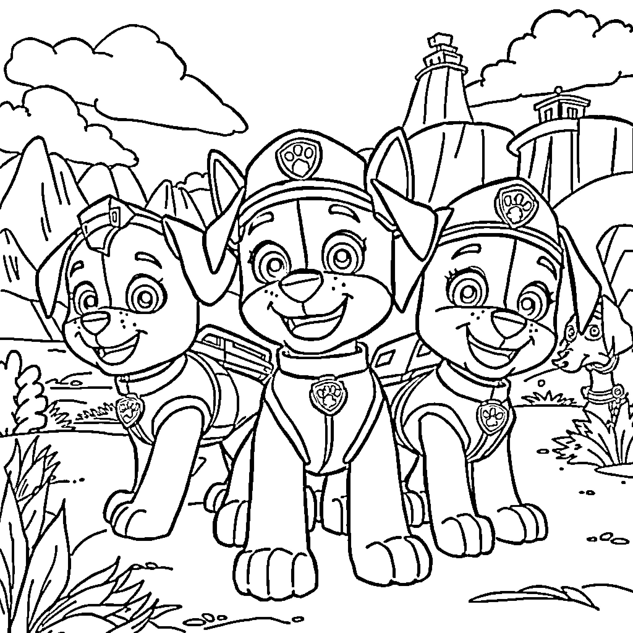 Paw Patrol Characters in Outdoor Adventure Coloring Page (free black-and-white line drawing printable PDF for all, from beginners to advanced learners, including children, teens, adults, and seniors)