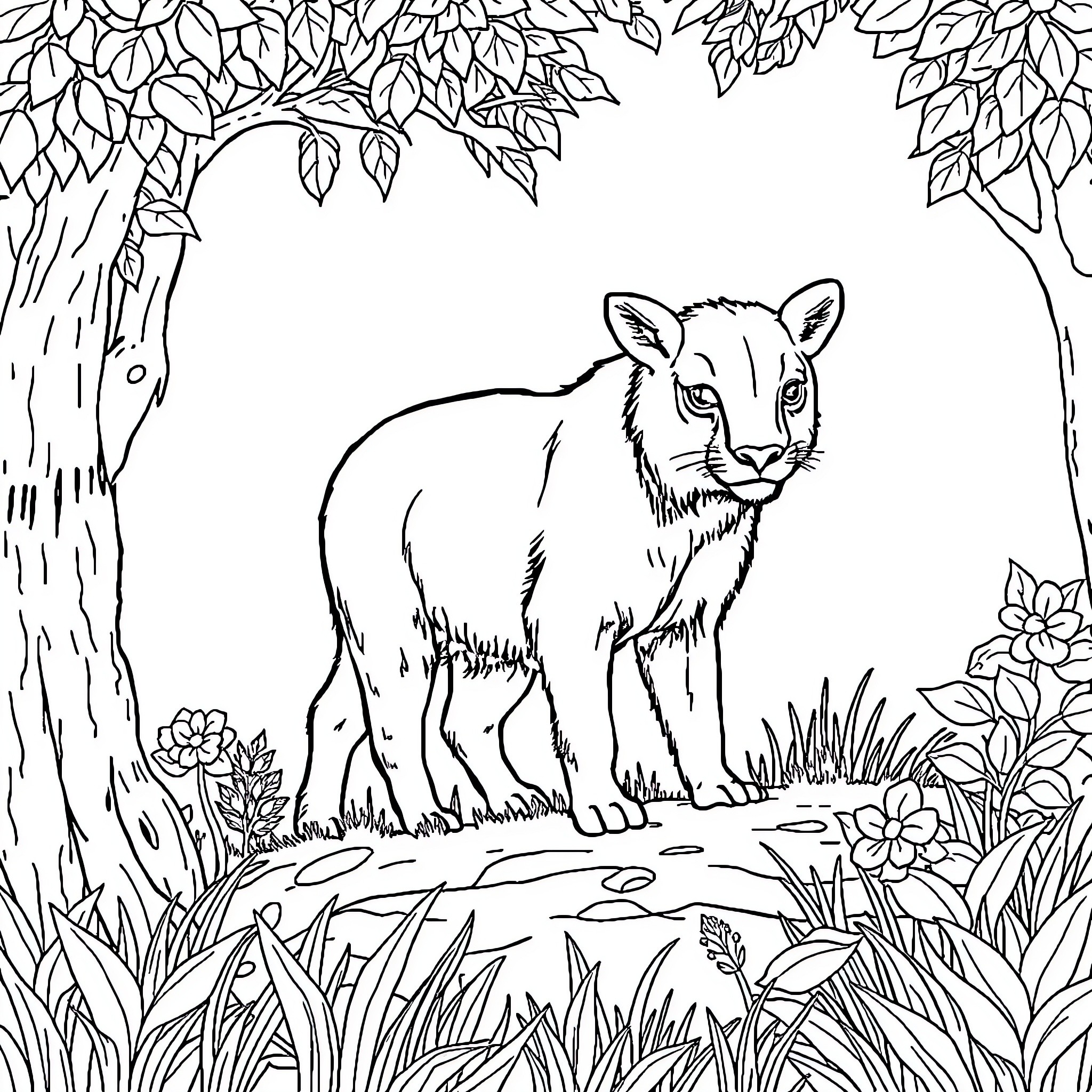 Animal in forest clearing with foliage Coloring Page (free black-and-white line drawing printable PDF for all, from beginners to advanced learners, including children, teens, adults, and seniors)