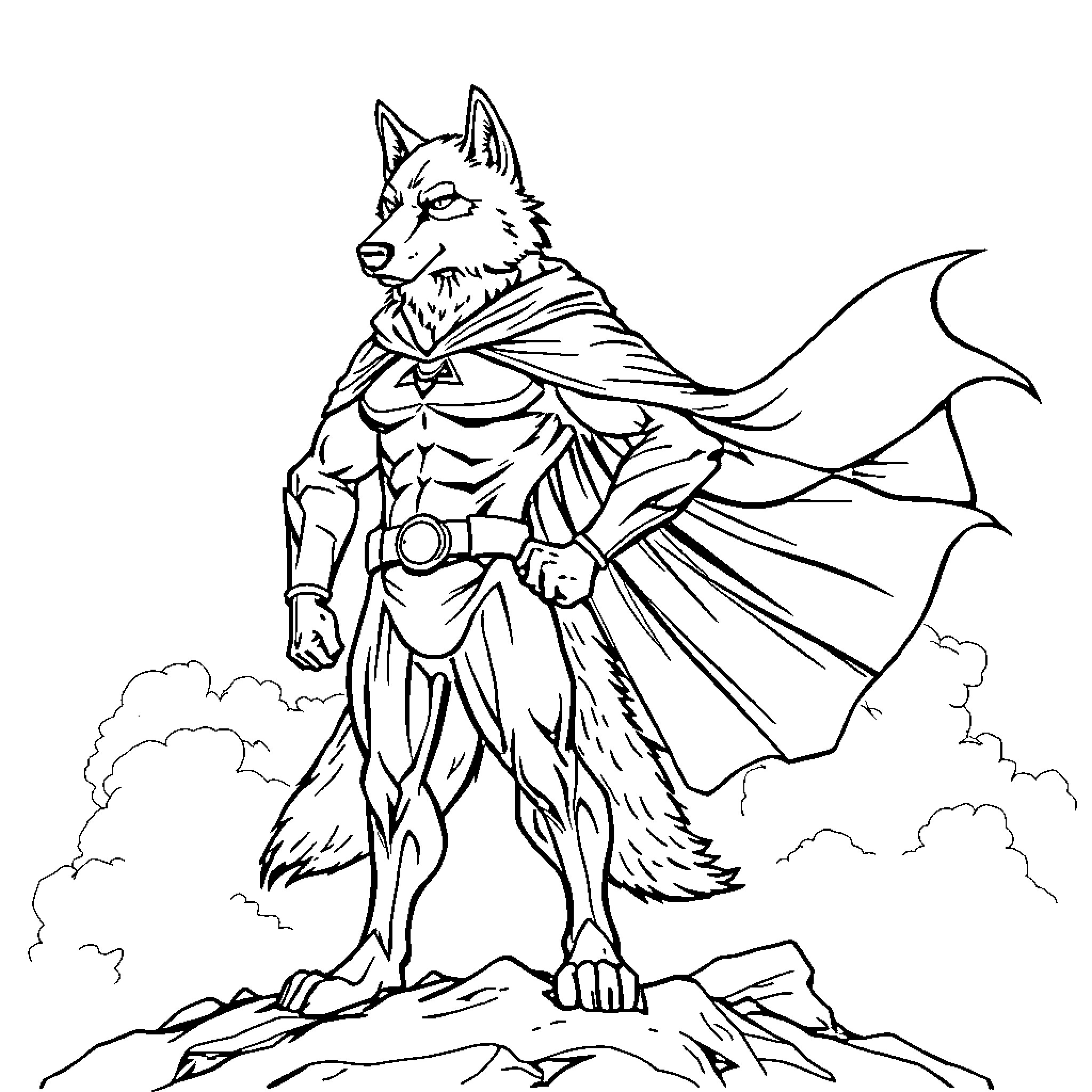 Wolf superhero in action pose with cape Coloring Page (free black-and-white line drawing printable PDF for all, from beginners to advanced learners, including children, teens, adults, and seniors)