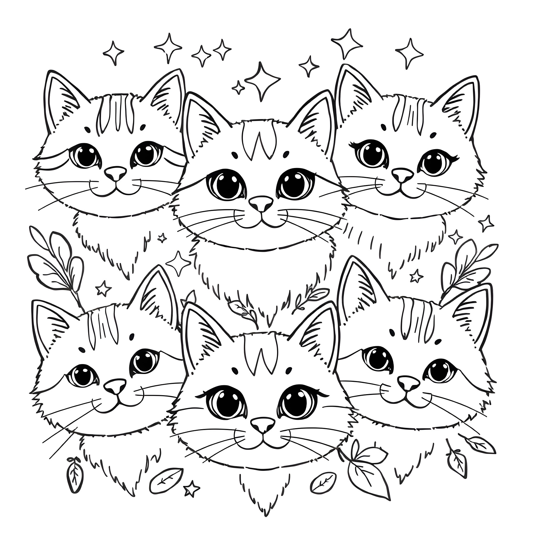 Cute Cats with Whimsical Accents Coloring Page (free black-and-white line drawing printable PDF for all, from beginners to advanced learners, including children, teens, adults, and seniors)