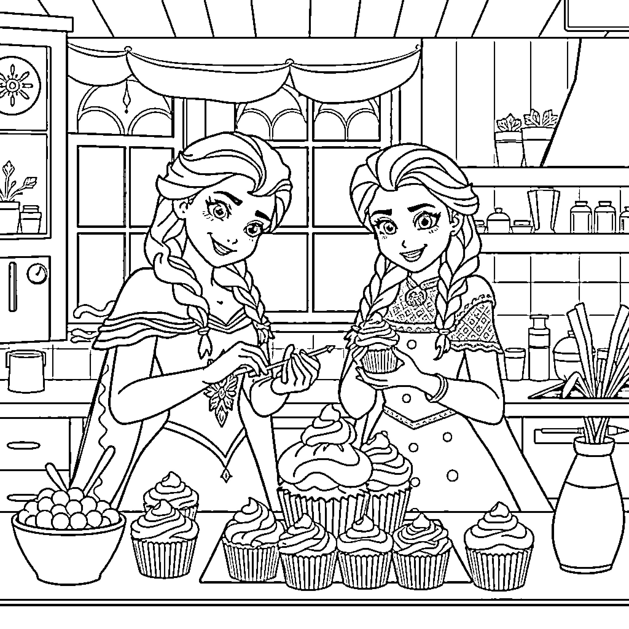 Elsa and Anna Bake Delightful Cupcakes Coloring Page (free black-and-white line drawing printable PDF for all, from beginners to advanced learners, including children, teens, adults, and seniors)