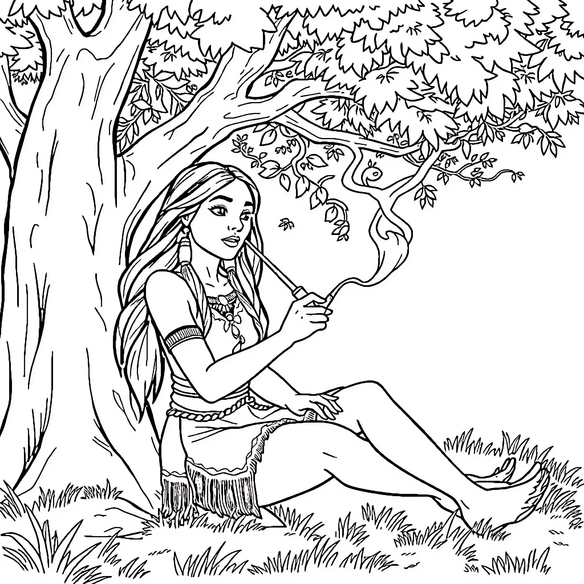 Pocahontas relaxing in the forest with nature Coloring Page (free black-and-white line drawing printable PDF for all, from beginners to advanced learners, including children, teens, adults, and seniors)