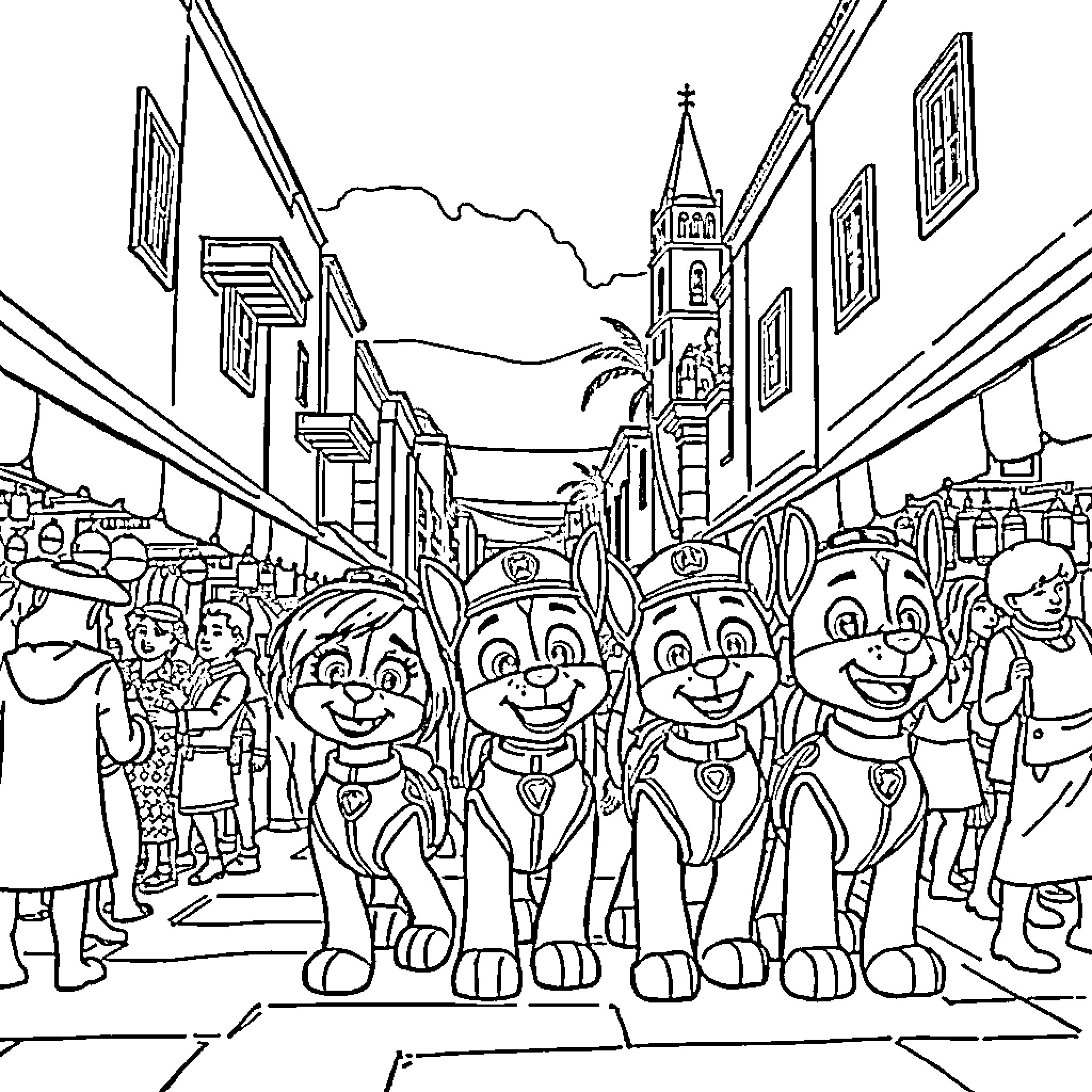 Paw Patrol characters exploring a bustling city street Coloring Page (free black-and-white line drawing printable PDF for all, from beginners to advanced learners, including children, teens, adults, and seniors)