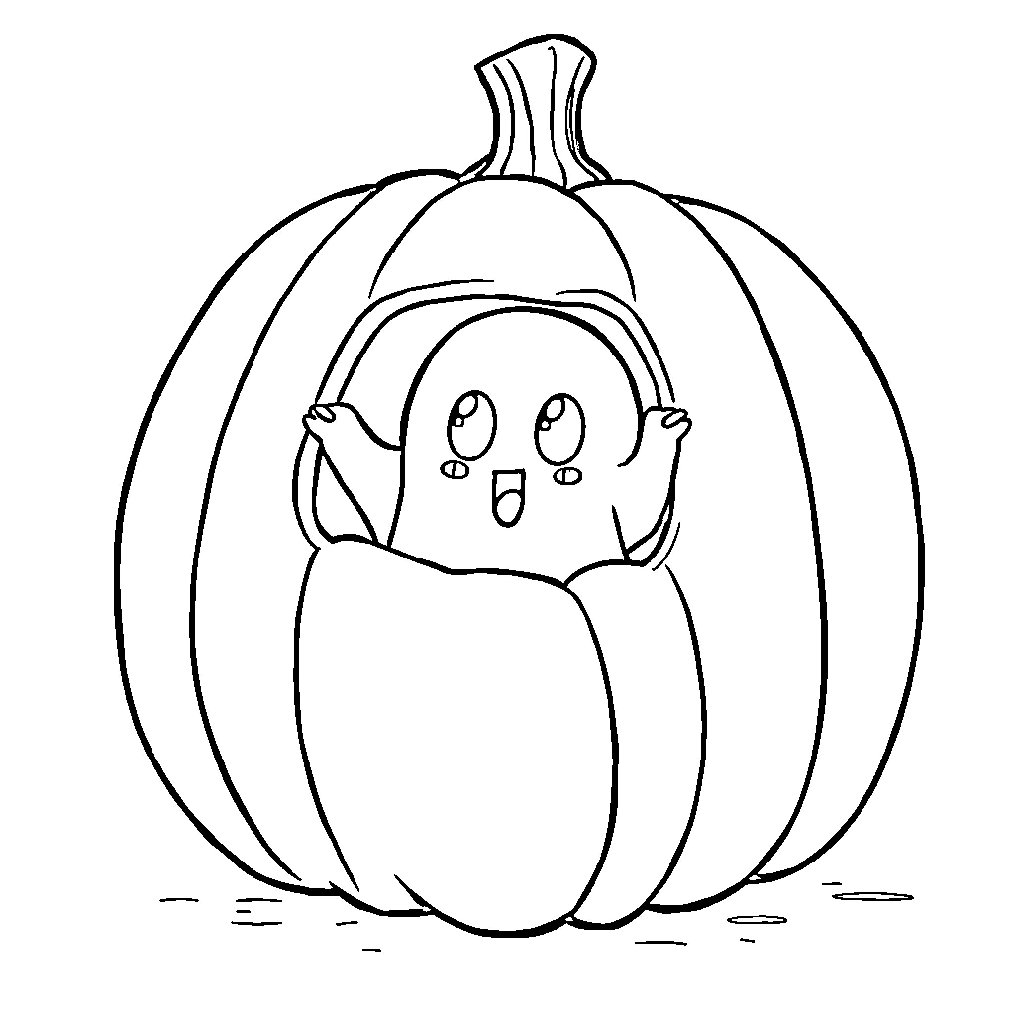 Ghost Pumpkin Creature with Adorable Expression Coloring Page (free black-and-white line drawing printable PDF for all, from beginners to advanced learners, including children, teens, adults, and seniors)
