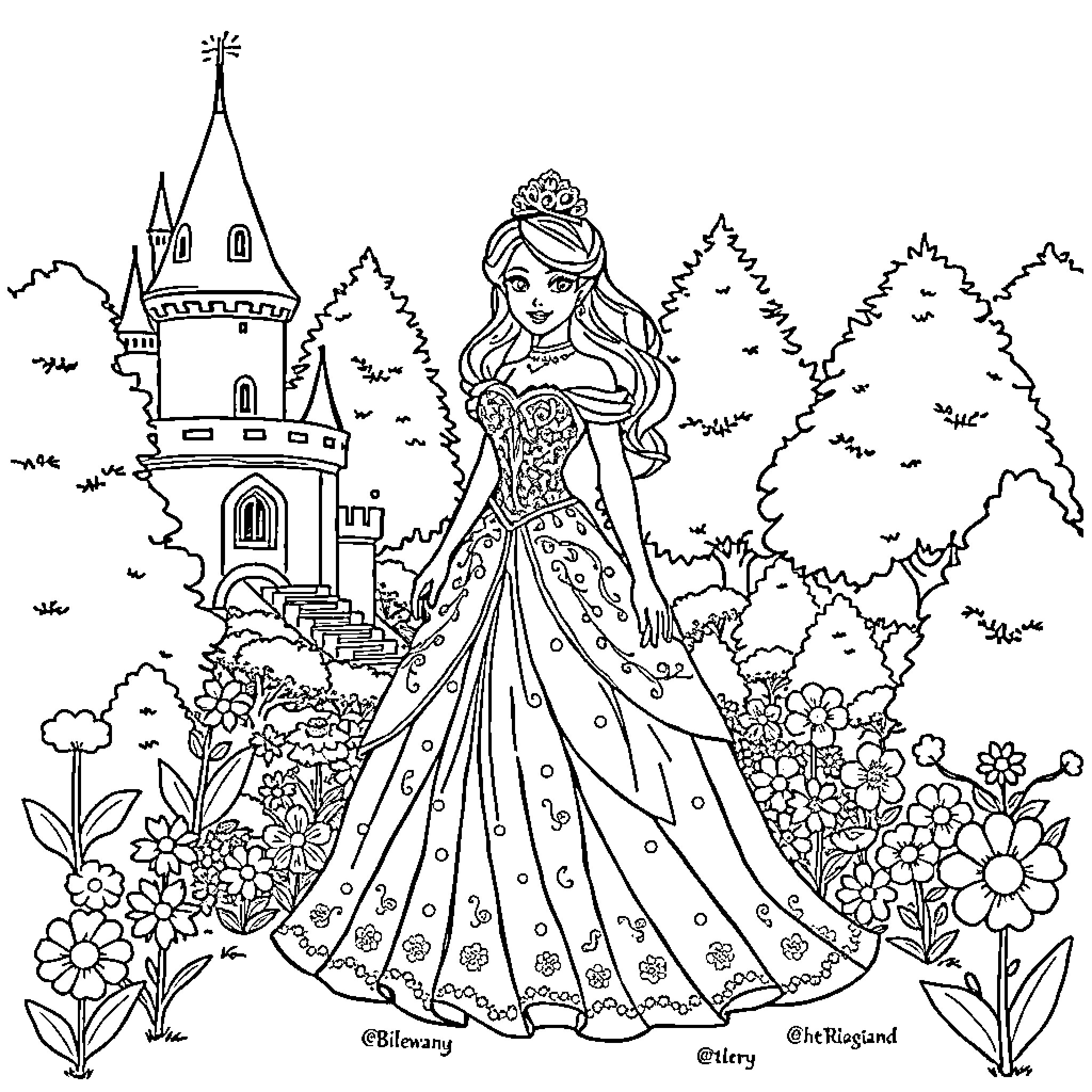 Princess in a Fairy Tale Garden Coloring Page (free black-and-white line drawing printable PDF for all, from beginners to advanced learners, including children, teens, adults, and seniors)