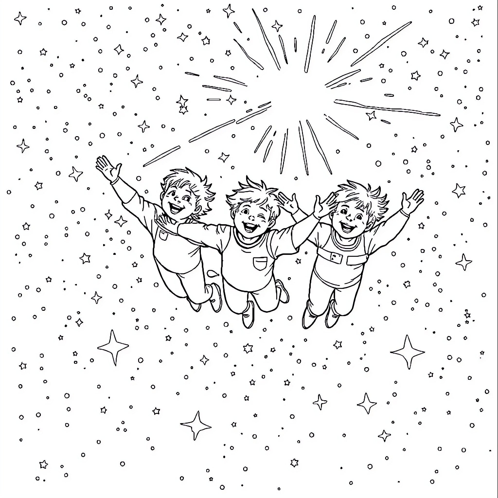 Brothers Celebrating Joyfully in the Starry Night Coloring Page (free black-and-white line drawing printable PDF for all, from beginners to advanced learners, including children, teens, adults, and seniors)