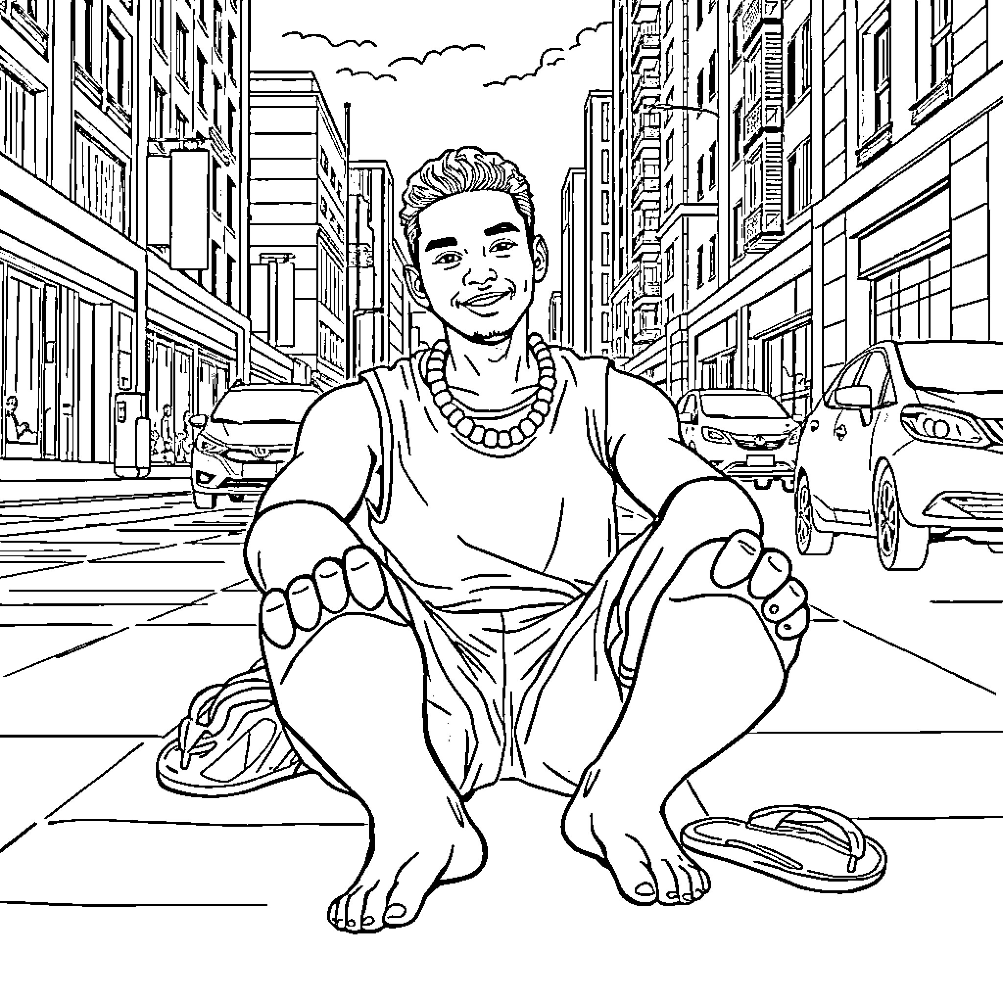 Man sitting on the street with a friendly expression Coloring Page (free black-and-white line drawing printable PDF for all, from beginners to advanced learners, including children, teens, adults, and seniors)