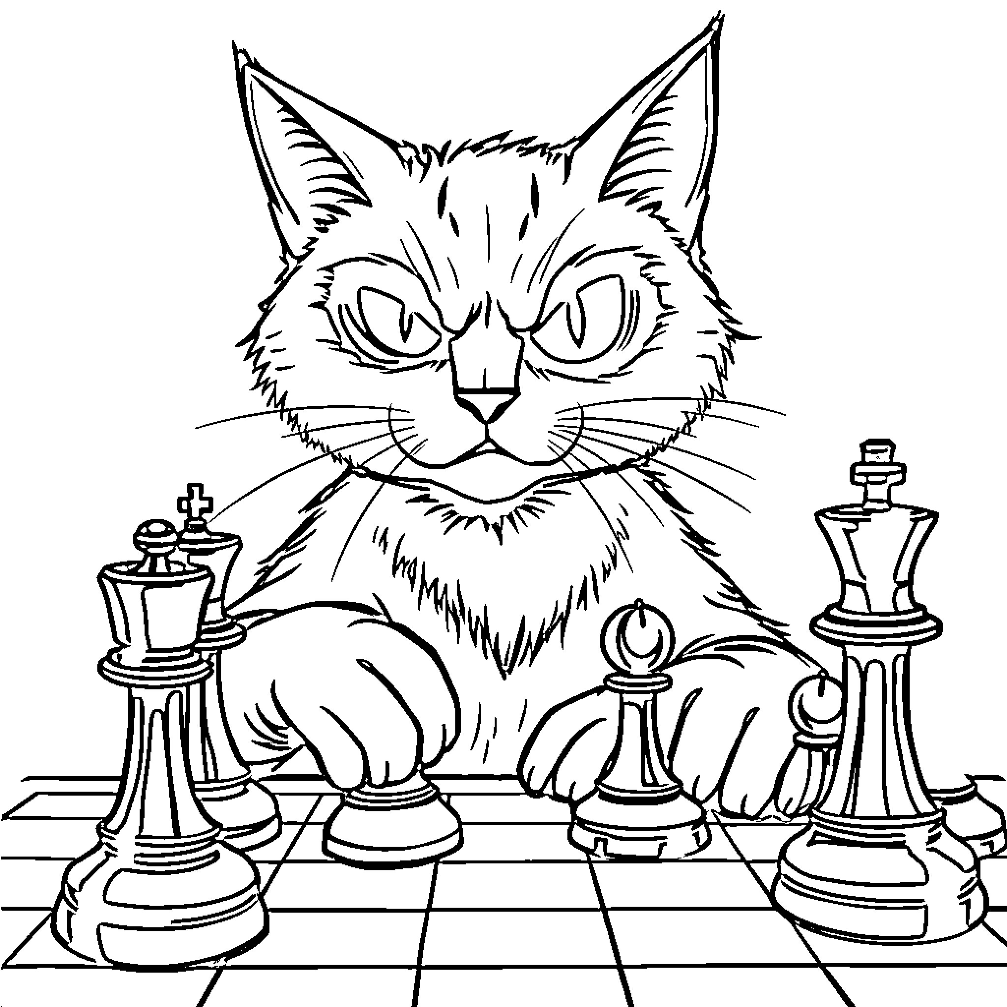 Cat playing with chess pieces on chessboard Coloring Page (free black-and-white line drawing printable PDF for all, from beginners to advanced learners, including children, teens, adults, and seniors)