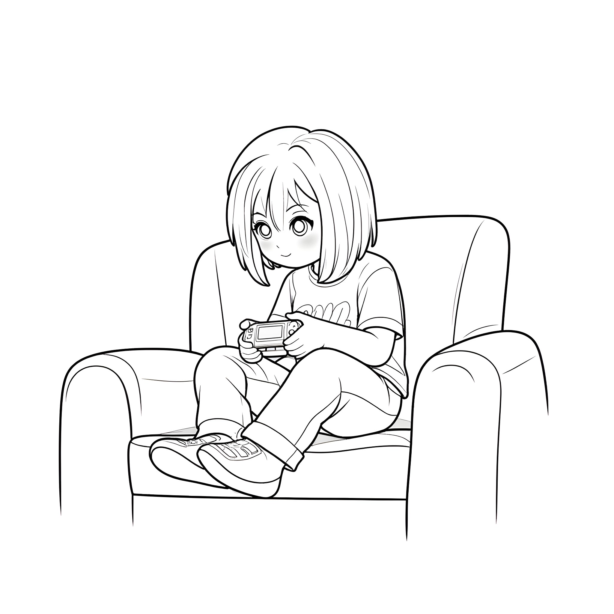 Kid playing video game excitedly on sofa Coloring Page (free black-and-white line drawing printable PDF for all, from beginners to advanced learners, including children, teens, adults, and seniors)