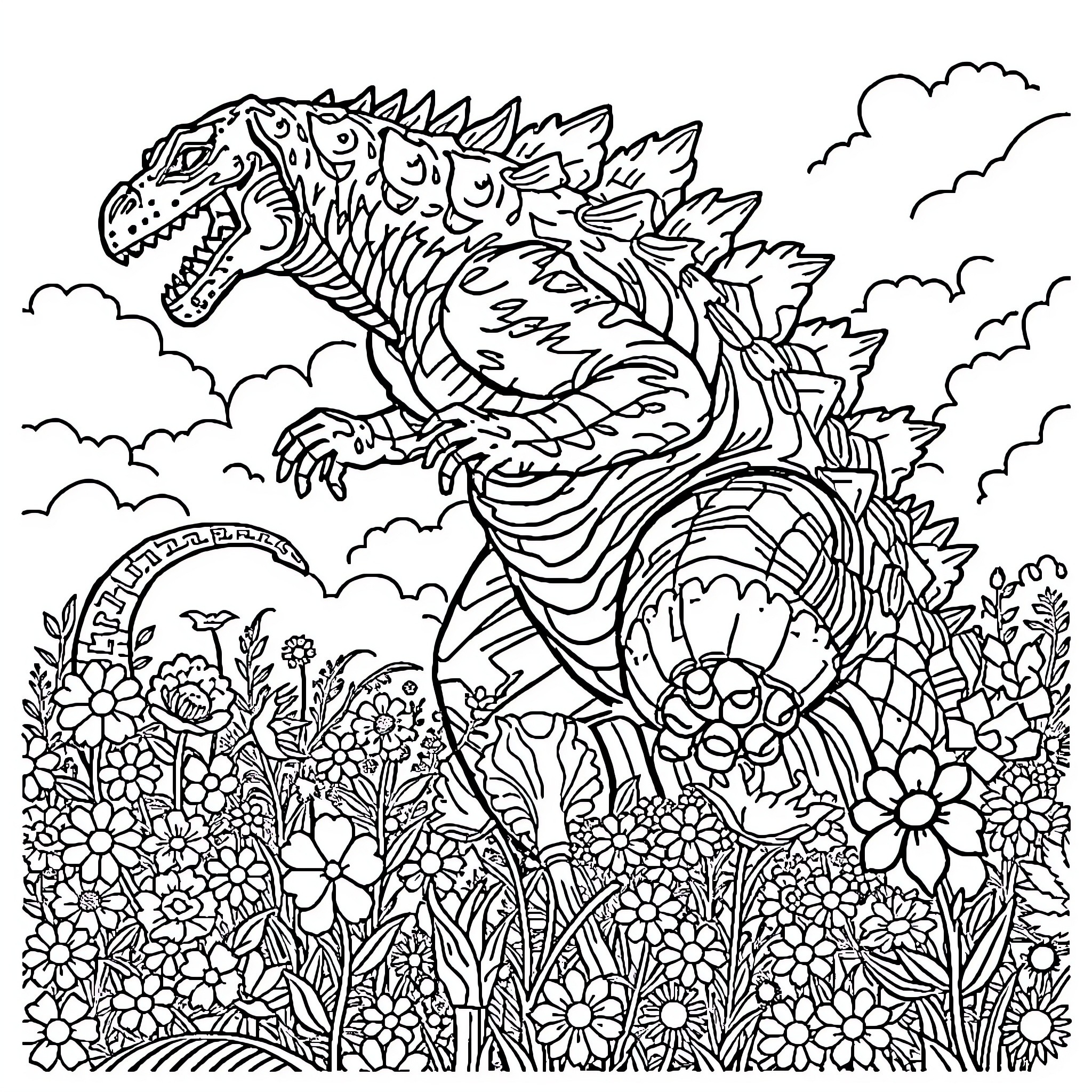 Godzilla stomping through a vibrant floral landscape Coloring Page (free black-and-white line drawing printable PDF for all, from beginners to advanced learners, including children, teens, adults, and seniors)