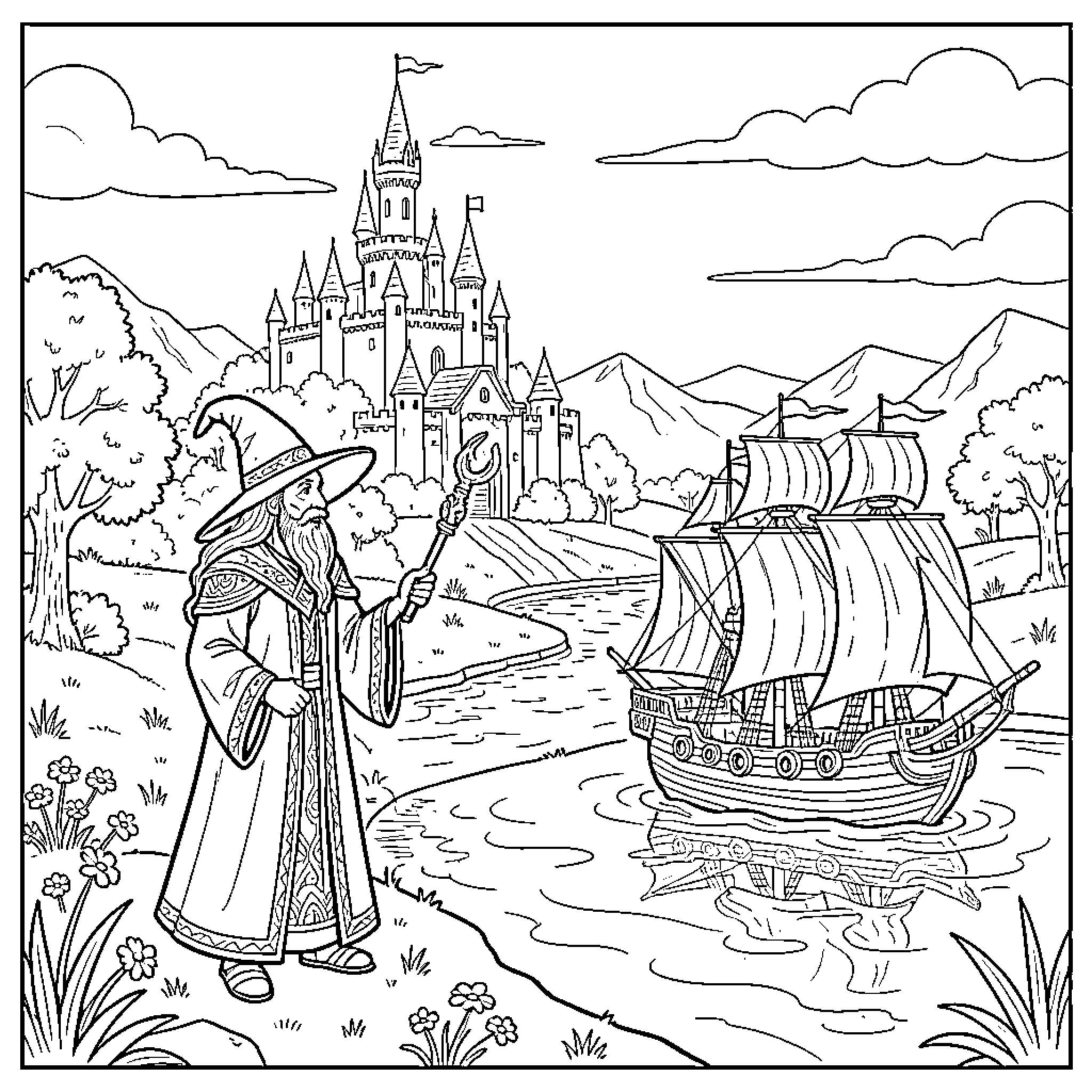 Wizard exploring the magical castle and seas Coloring Page (free black-and-white line drawing printable PDF for all, from beginners to advanced learners, including children, teens, adults, and seniors)