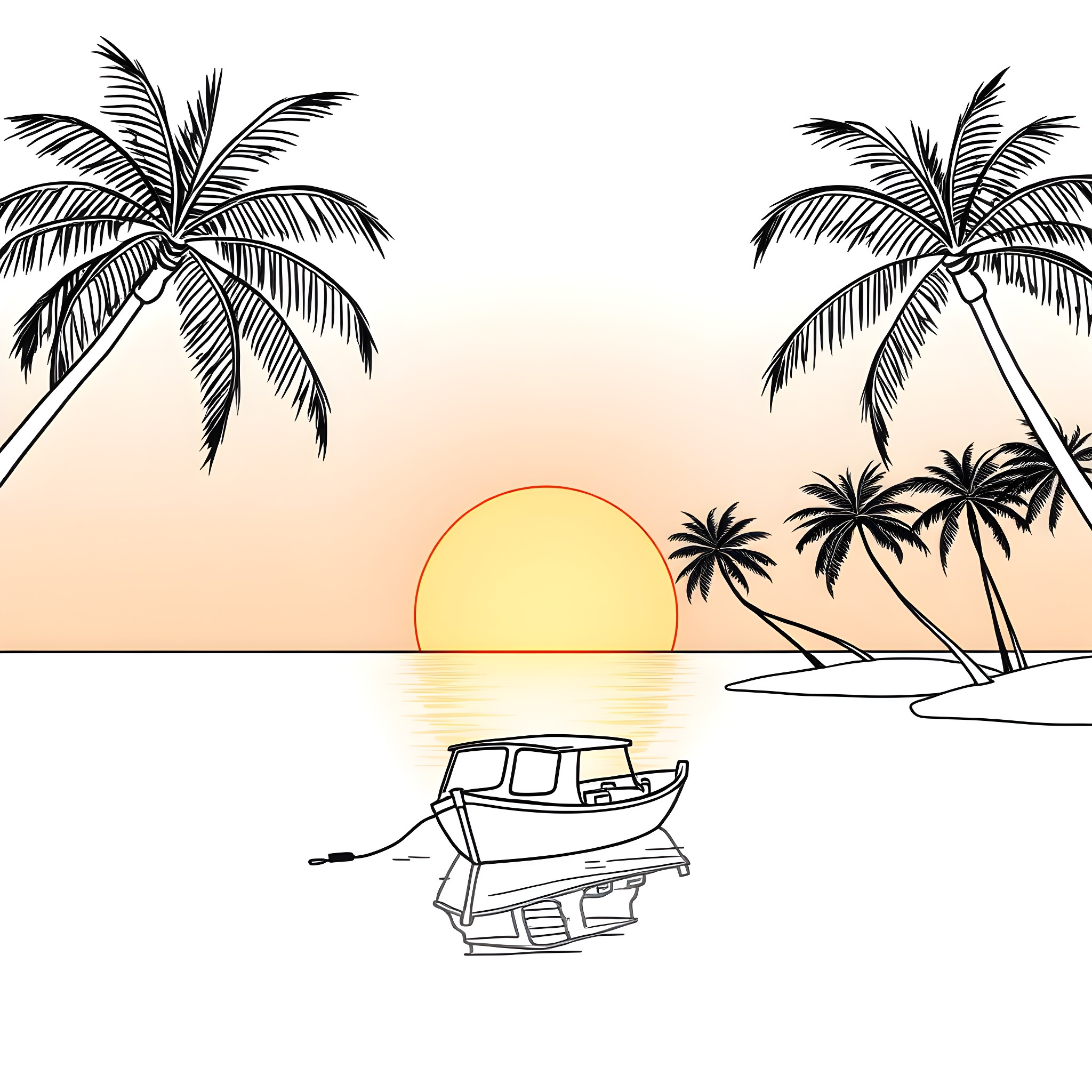 Boat sailing at sunset with palm trees Coloring Page (free black-and-white line drawing printable PDF for all, from beginners to advanced learners, including children, teens, adults, and seniors)