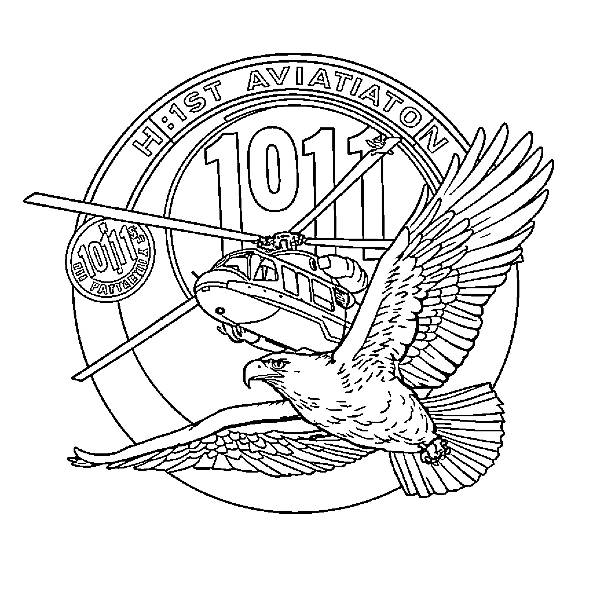 Helicopter and eagle soaring over 101st aviation emblem Coloring Page (free black-and-white line drawing printable PDF for all, from beginners to advanced learners, including children, teens, adults, and seniors)