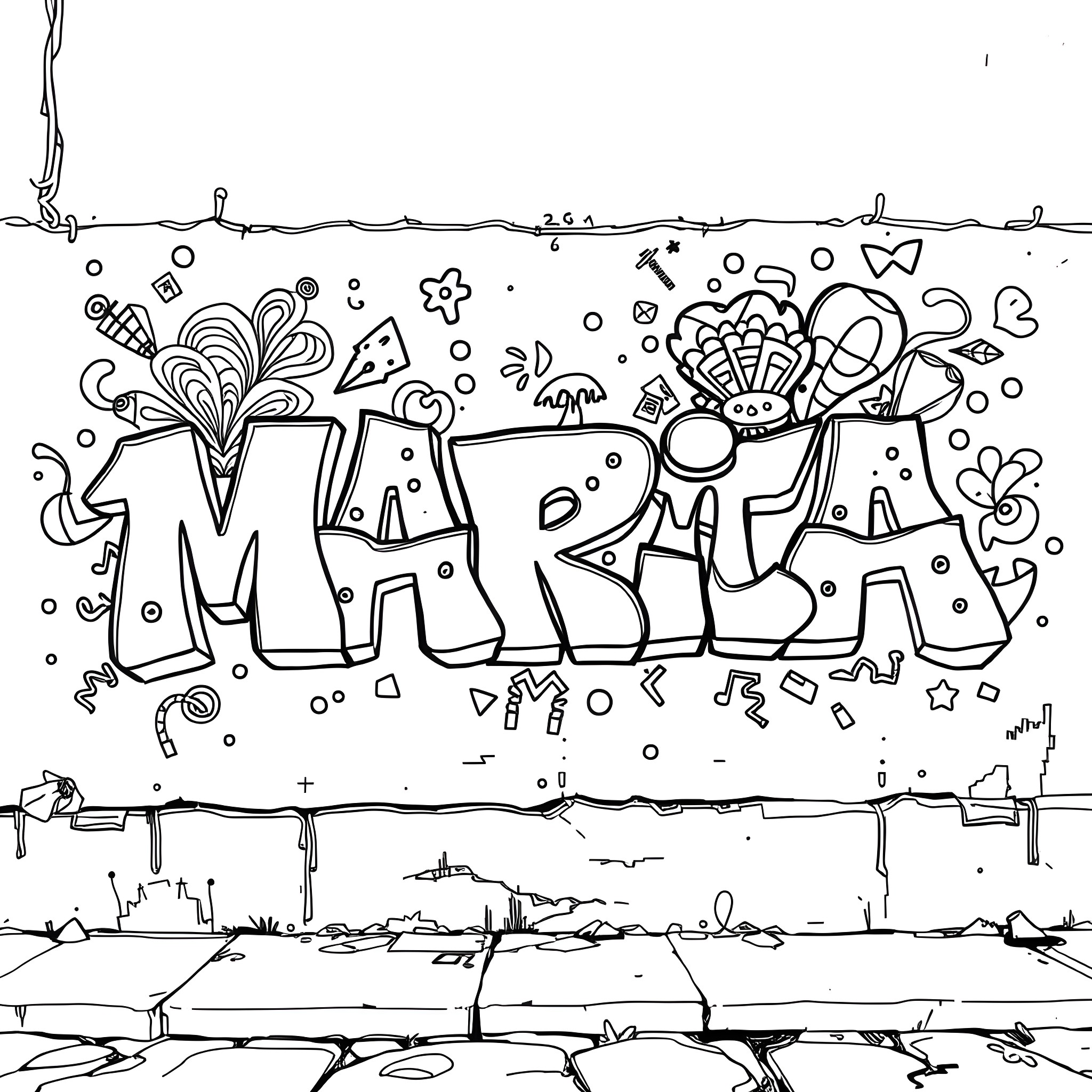 Name of colorful graffiti artwork Coloring Page (free black-and-white line drawing printable PDF for all, from beginners to advanced learners, including children, teens, adults, and seniors)