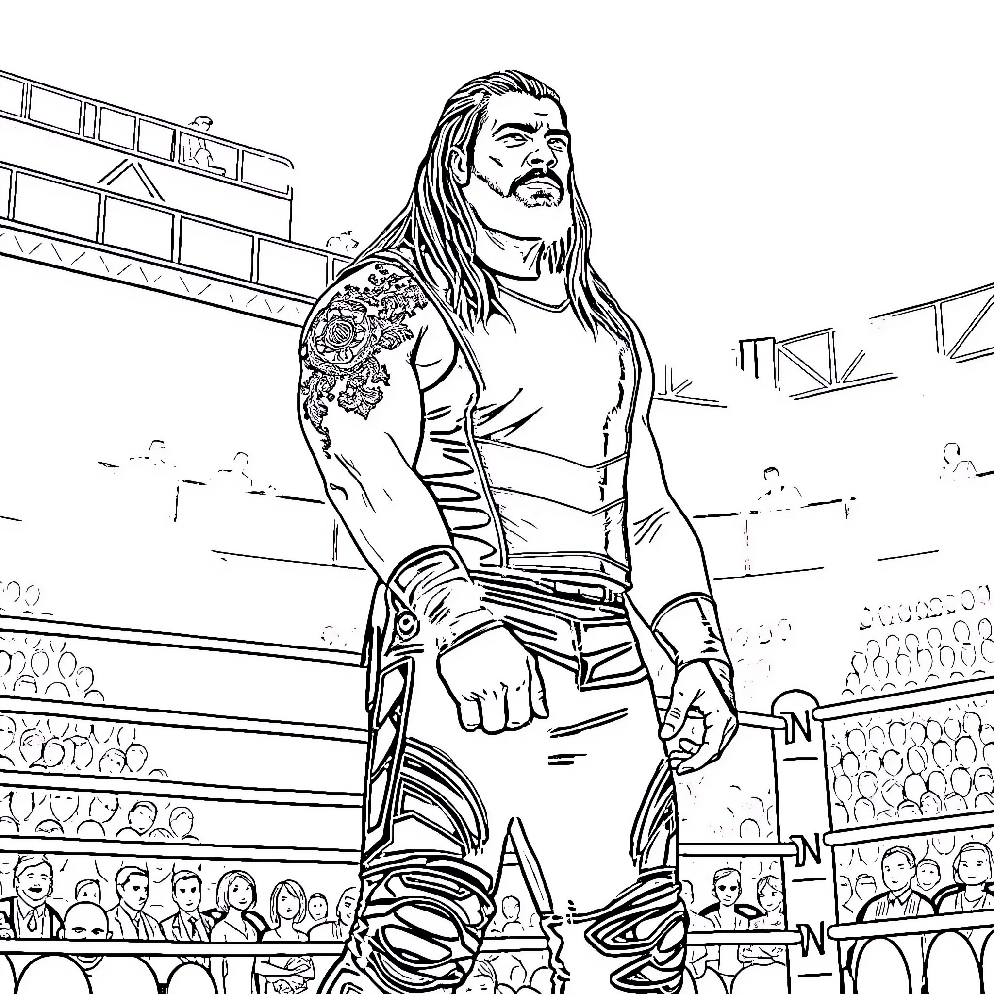 Roman Reigns standing tall in the wrestling ring Coloring Page (free black-and-white line drawing printable PDF for all, from beginners to advanced learners, including children, teens, adults, and seniors)