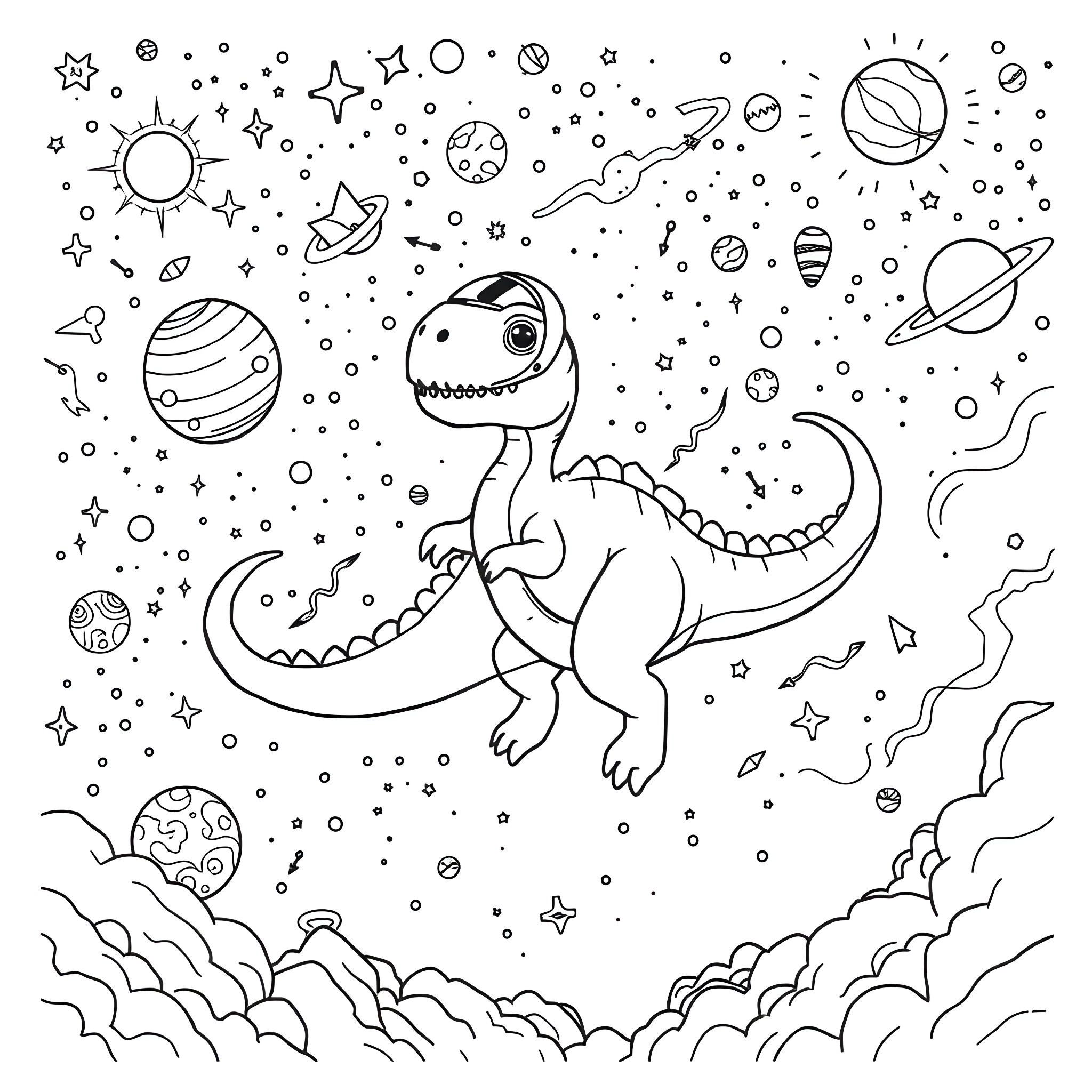Dino exploring the cosmic galaxy Coloring Page (free black-and-white line drawing printable PDF for all, from beginners to advanced learners, including children, teens, adults, and seniors)