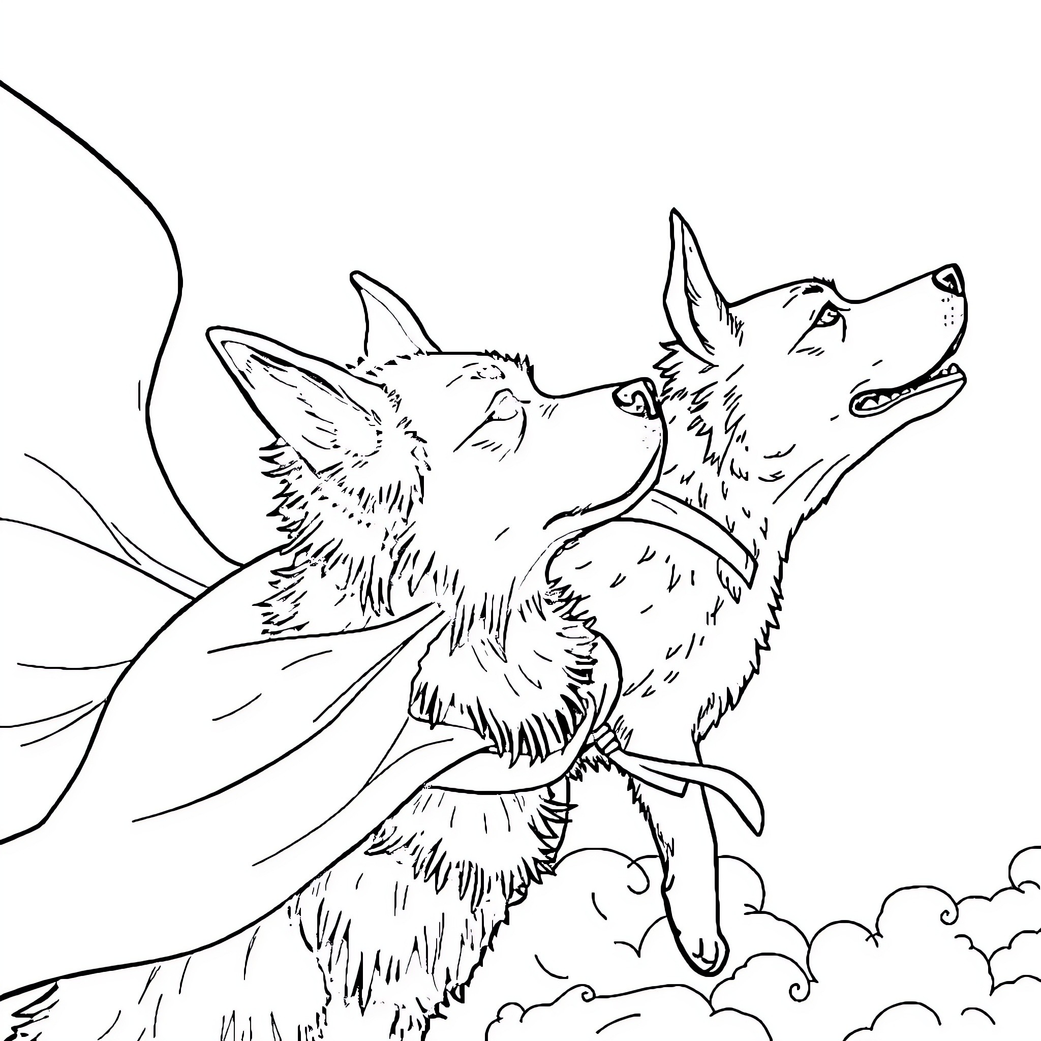Dog Duo Soaring Through the Clouds Coloring Page (free black-and-white line drawing printable PDF for all, from beginners to advanced learners, including children, teens, adults, and seniors)