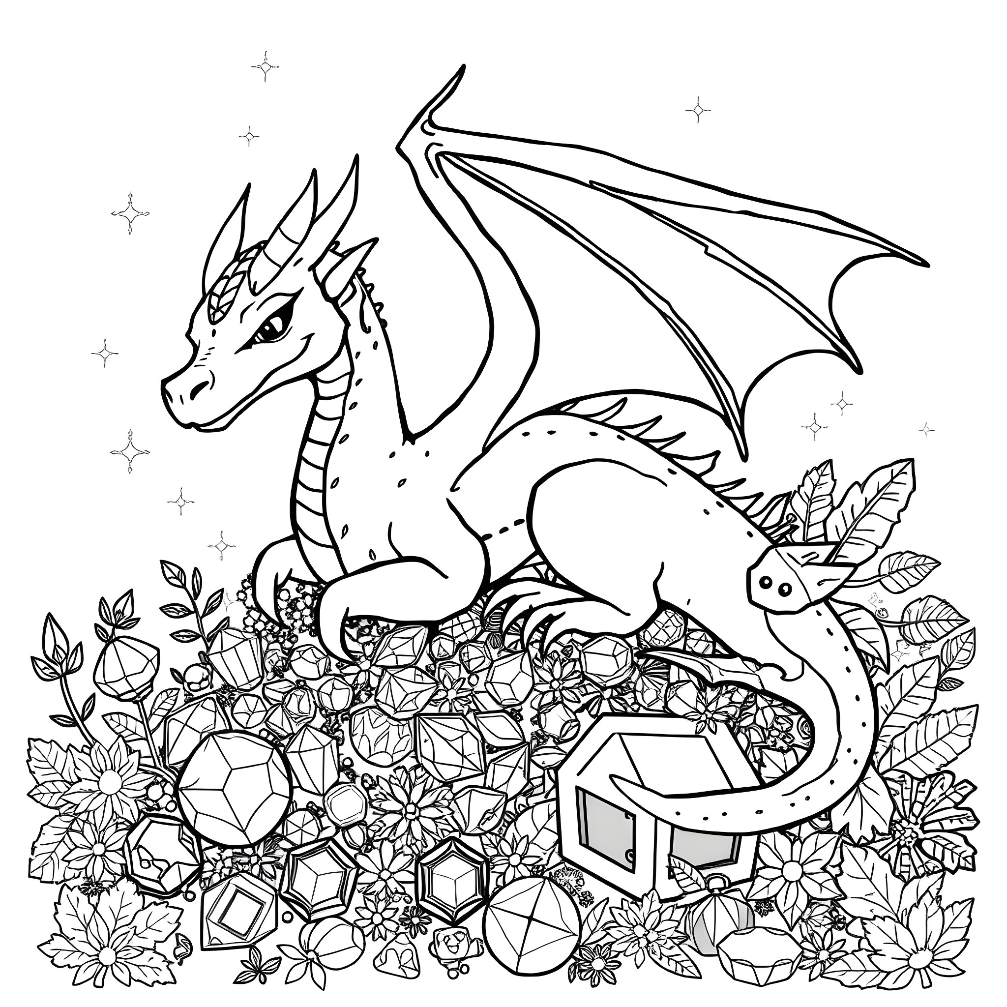 Pizza Dragon Surrounded by Crystals and Flowers Coloring Page (free black-and-white line drawing printable PDF for all, from beginners to advanced learners, including children, teens, adults, and seniors)