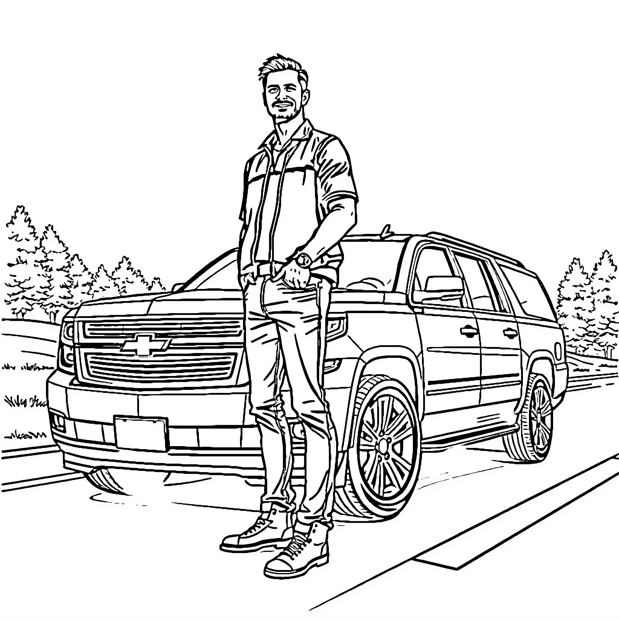 Man standing confidently next to his vehicle Coloring Page (free black-and-white line drawing printable PDF for all, from beginners to advanced learners, including children, teens, adults, and seniors)