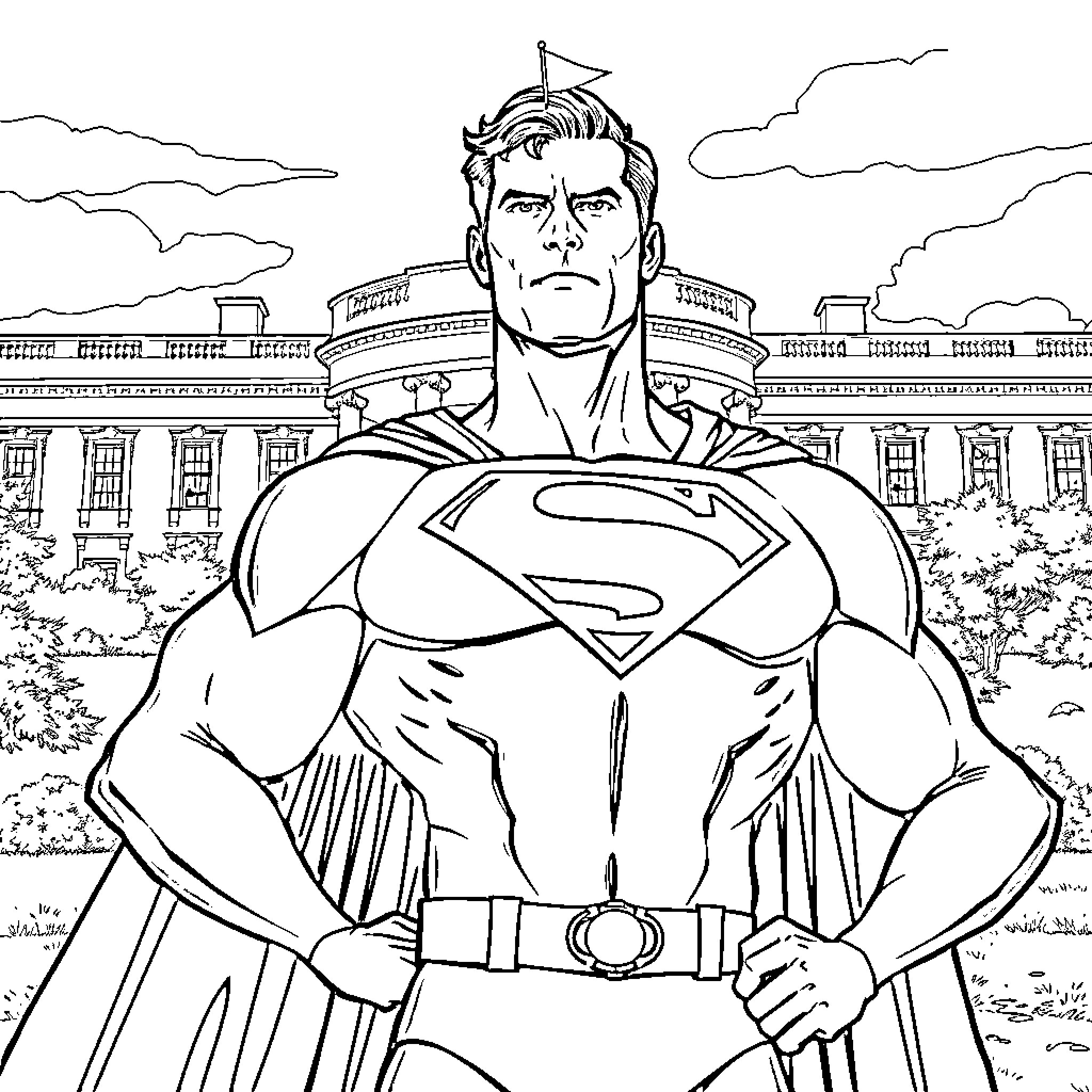 Superman standing in front of a grand building Coloring Page (free black-and-white line drawing printable PDF for all, from beginners to advanced learners, including children, teens, adults, and seniors)