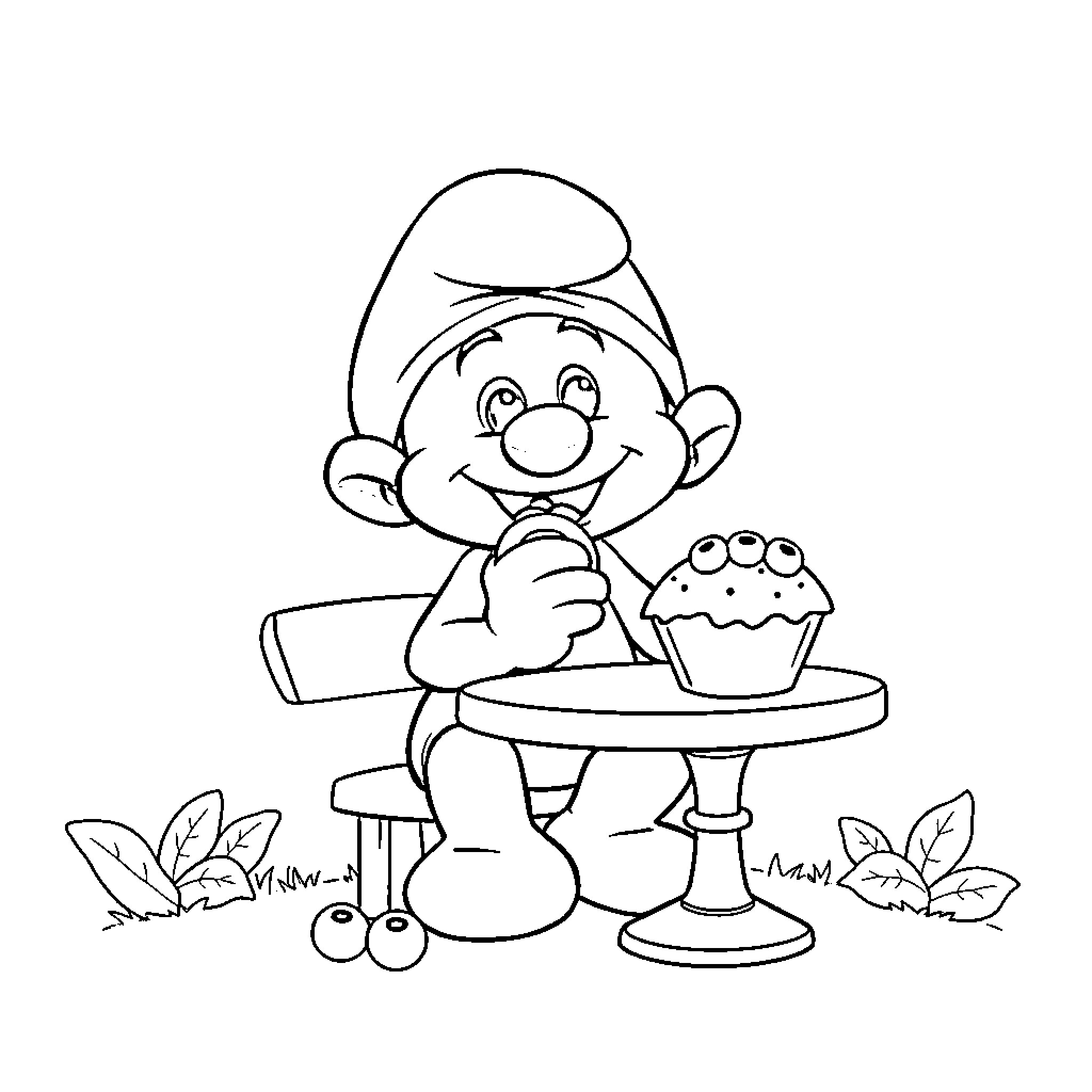 Smurf enjoying a sweet treat at the cafe Coloring Page (free black-and-white line drawing printable PDF for all, from beginners to advanced learners, including children, teens, adults, and seniors)